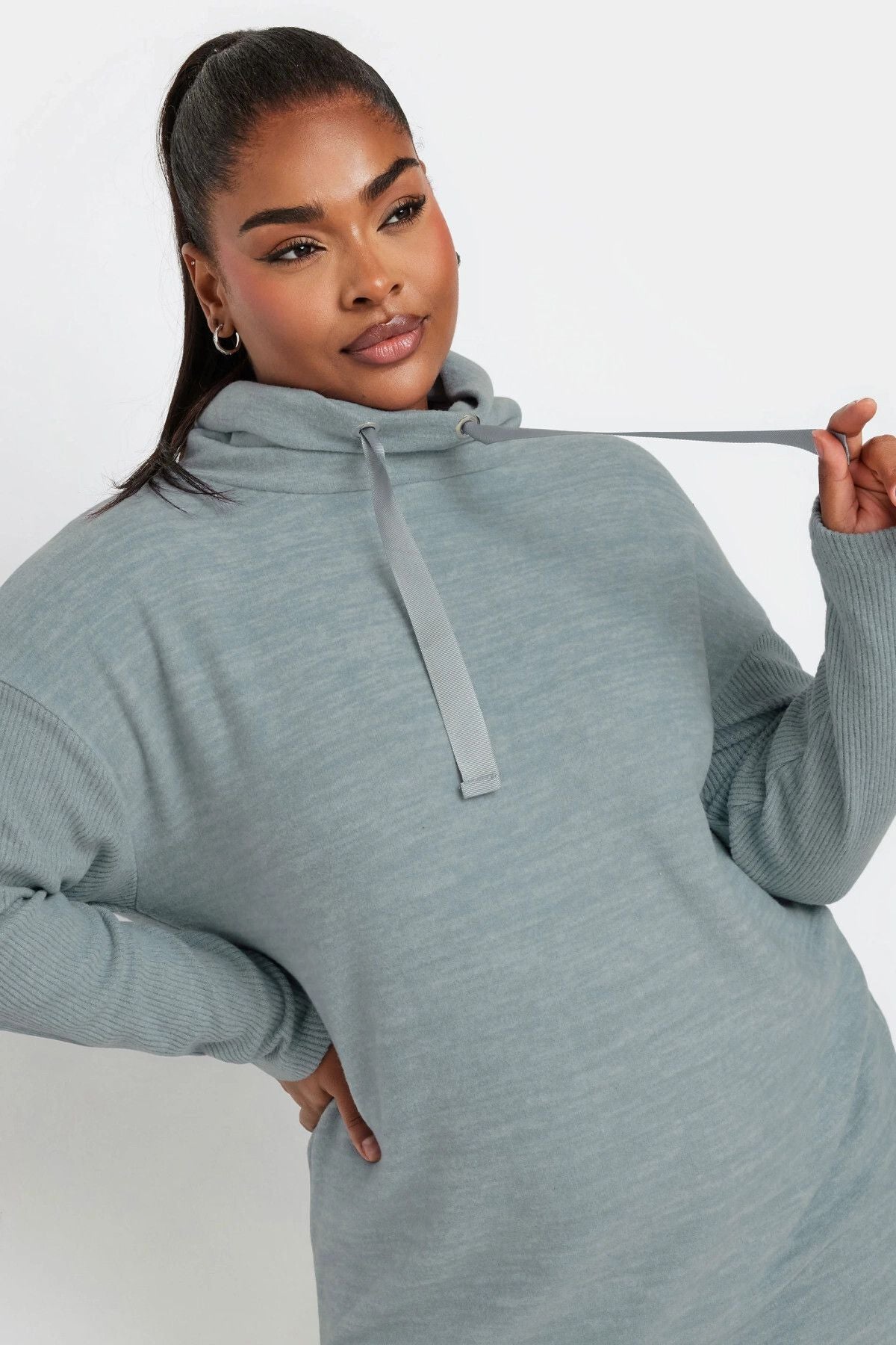 Büyük Beden Uzun Kollu Kapüşonlu Yumuşak Dokulu Sweatshirt Elbise 303590