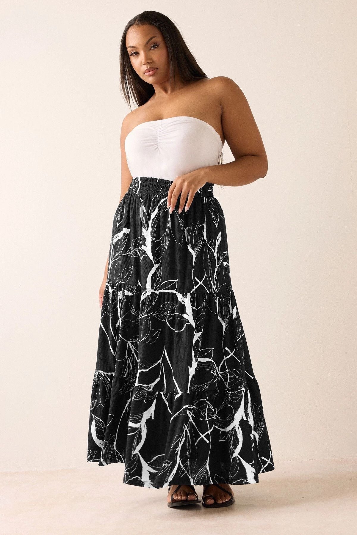 Büyük Beden Bürümcük Kumaş Çiçek Desenli Beli Lastikli Etek 304235