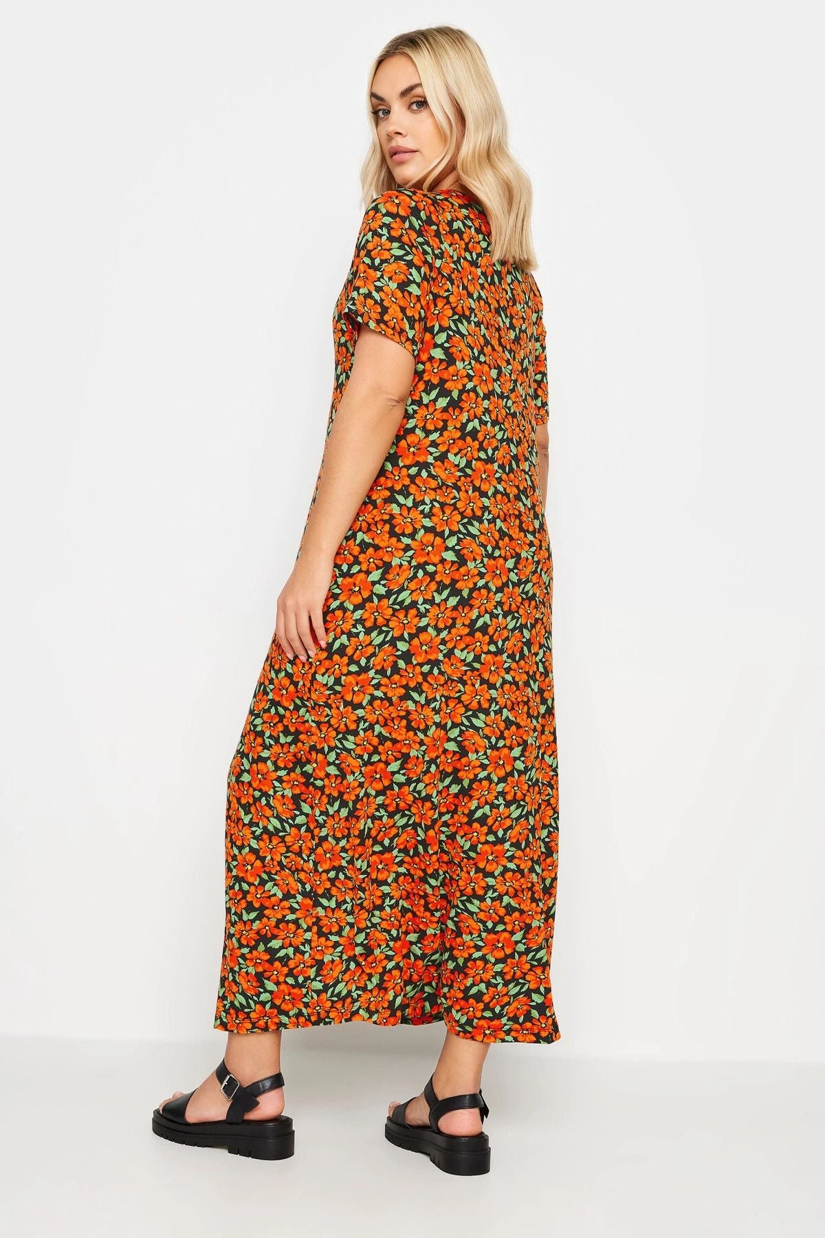 Büyük Beden V Yaka Kısa Kollu Cepli Uzun Elbise 137820