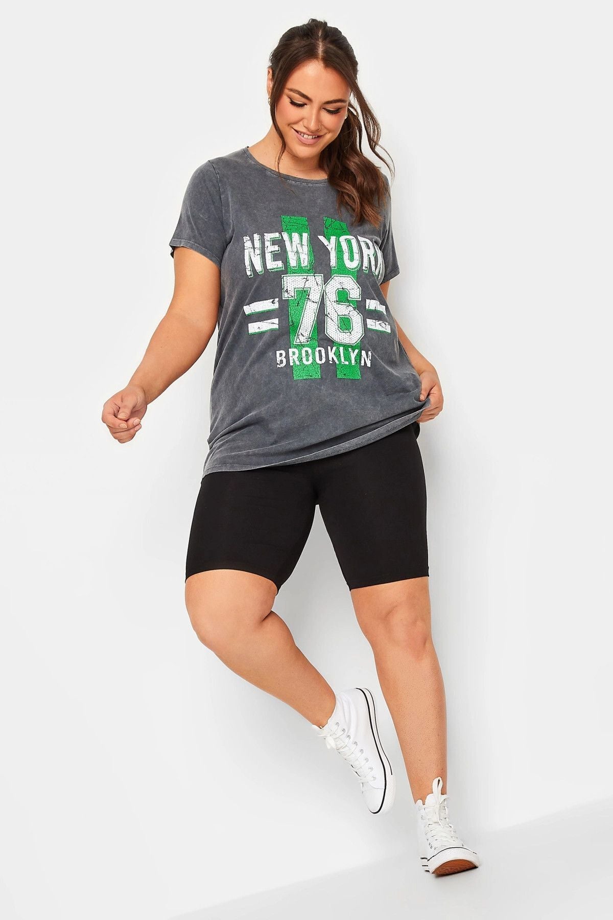 Büyük Beden Yazı Baskılı Yıkamalı Yarım Kollu Bisiklet Yaka T-shirt 302196