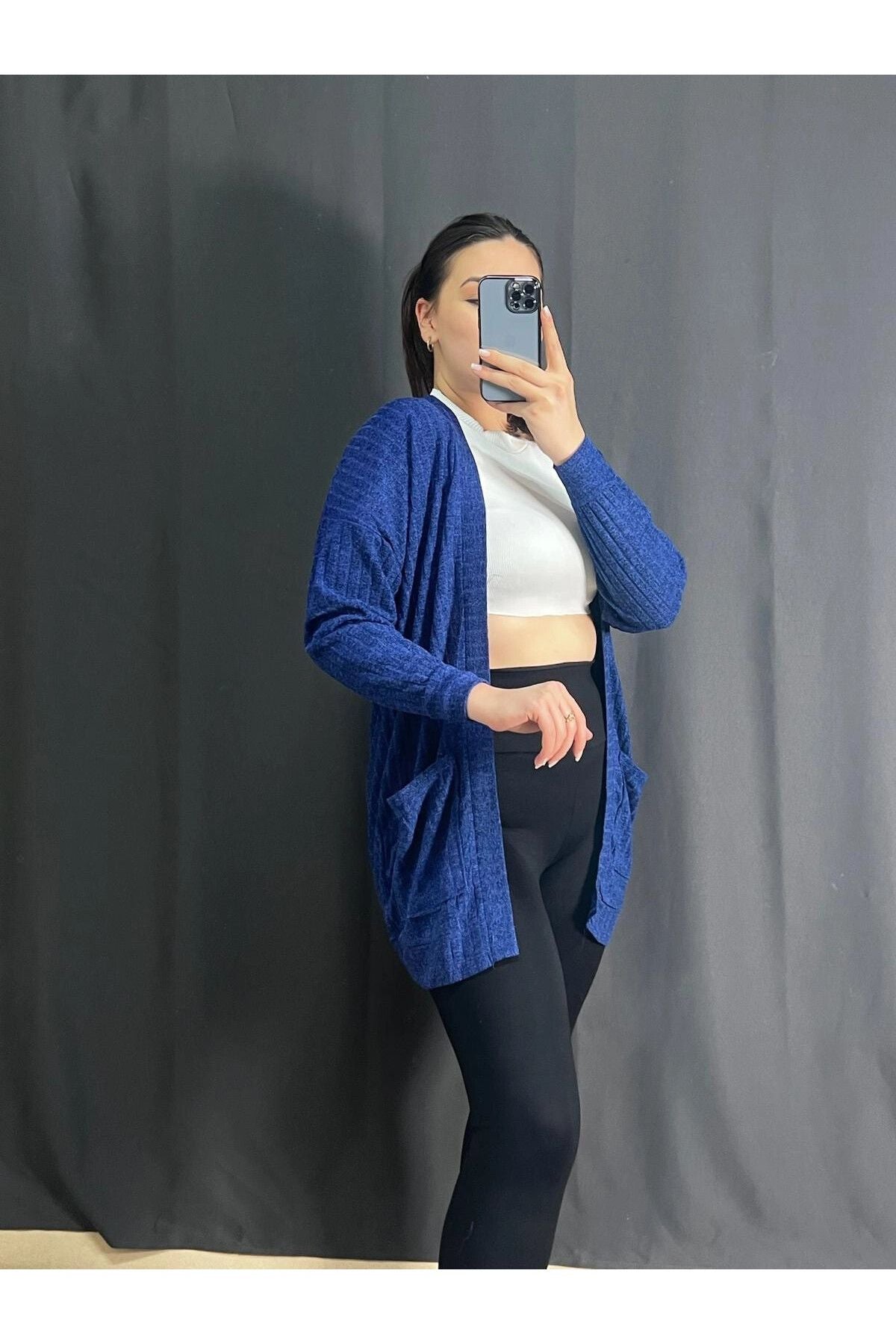 Büyük Beden Önü Kapamasız Cepli Midi Boy Hırka 301750