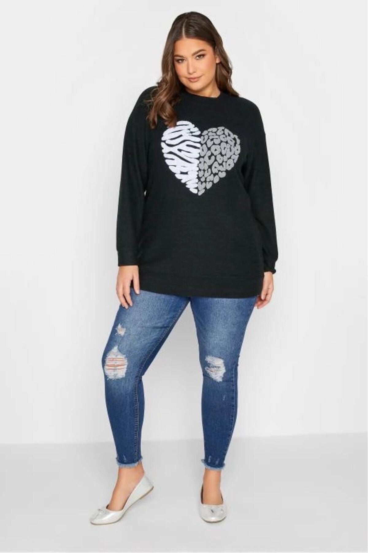 Büyük Beden Kalp Desenli Uzun Kollu Yuvarlak Yaka Polar Kazak 301787