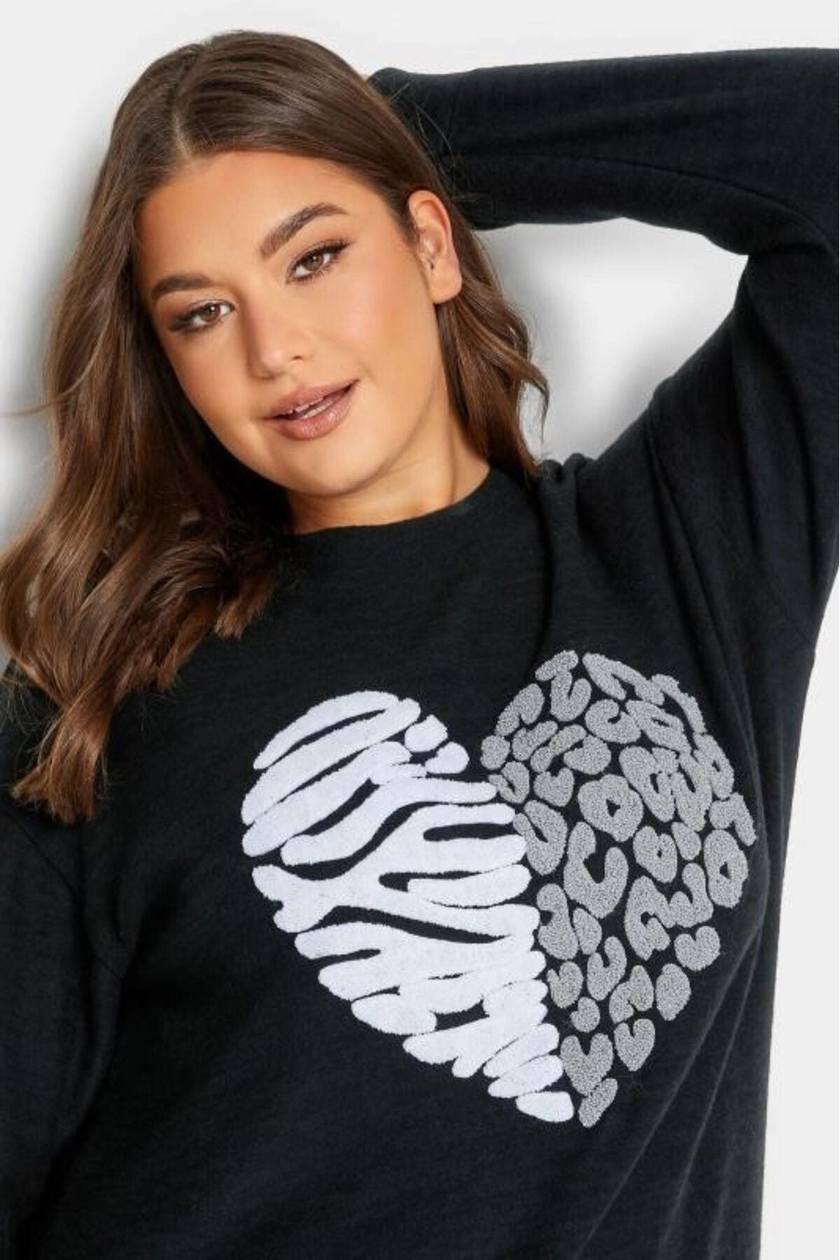 Büyük Beden Kalp Desenli Uzun Kollu Yuvarlak Yaka Polar Kazak 301787