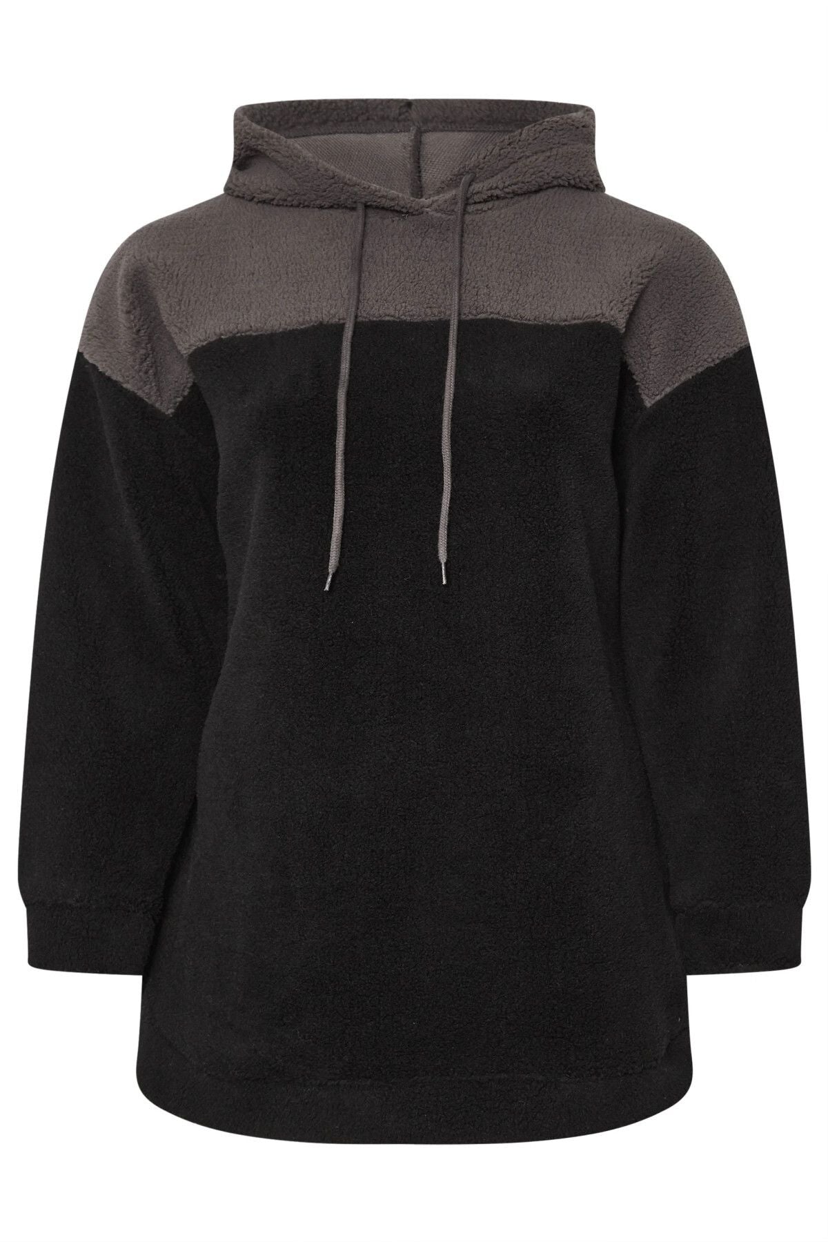 Büyük Beden Uzun Kollu Kapüşonlu ve Cepli Peluş Sweatshirt 303790