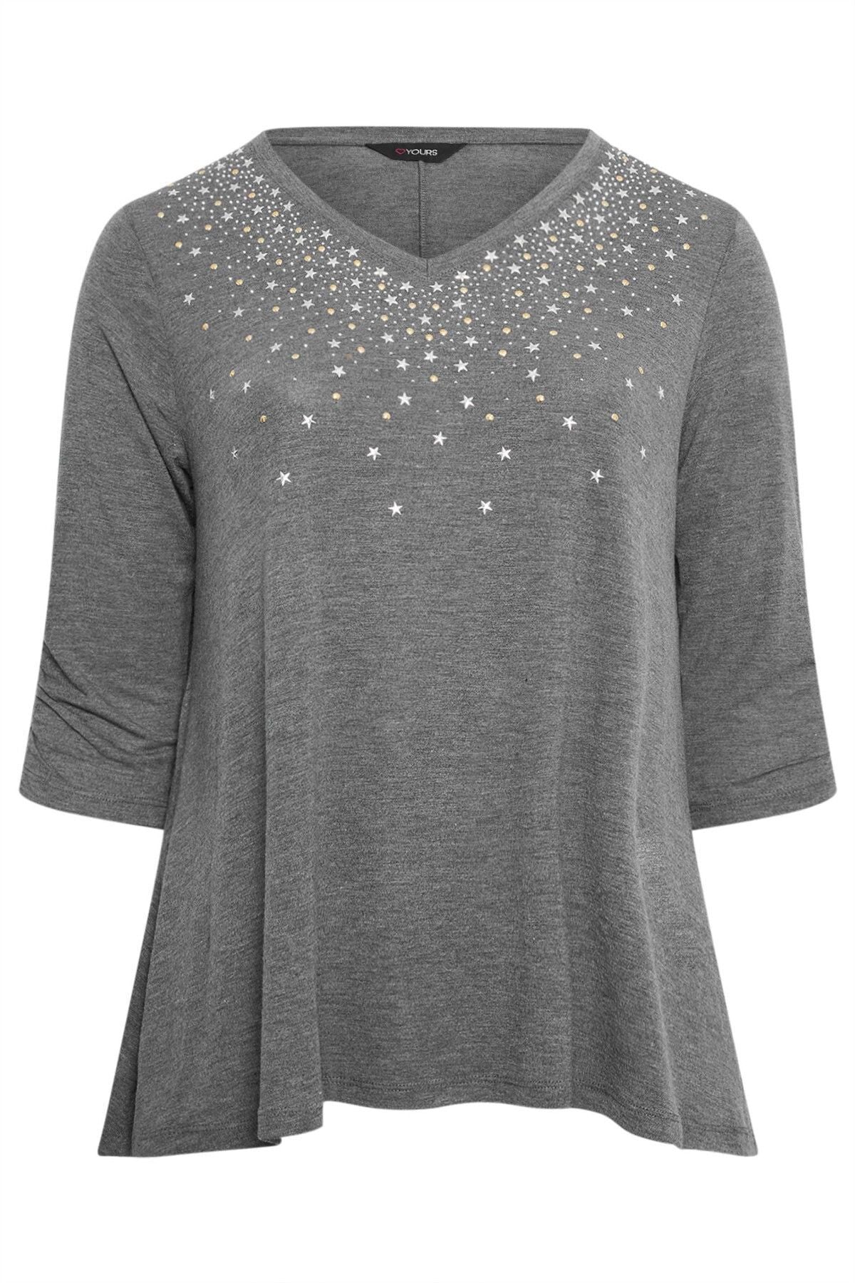 Büyük Beden V Yaka Yıldız Zımba Detaylı Yarım Kollu Bluz 302677