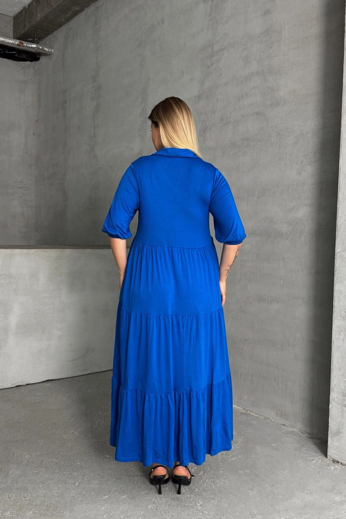 Büyük Beden V Yaka Yarım Kollu Beli Lastikli Uzun Elbise 302149