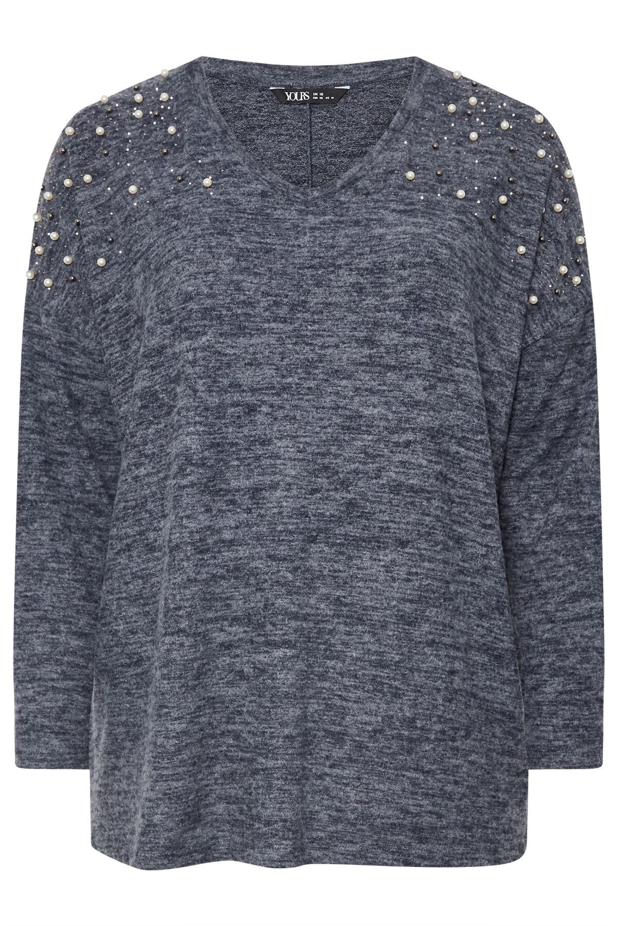 Büyük Beden V Yaka Uzun Kollu Omzu Boncuk İşlemeli Kazak 322302