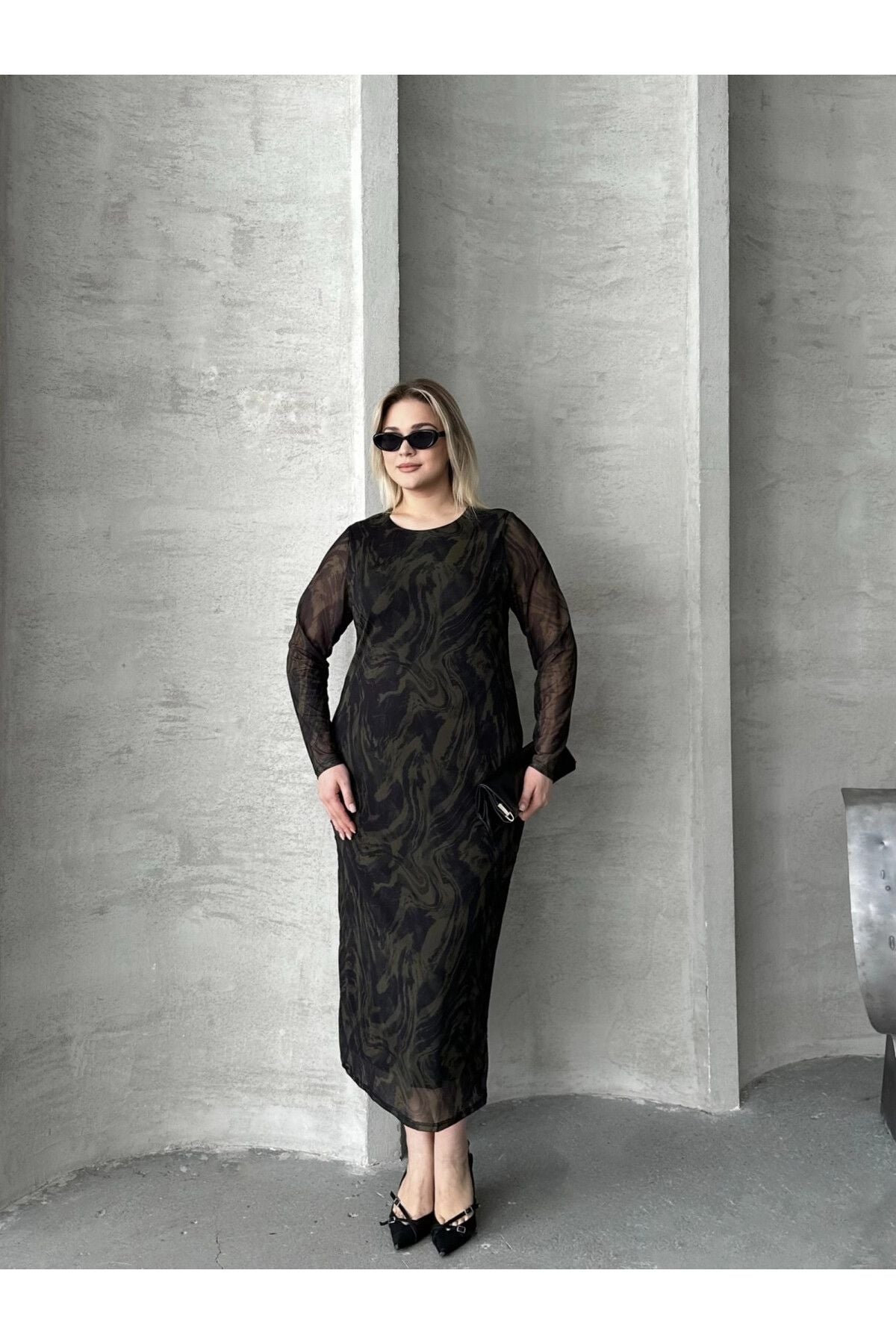 Büyük Beden Uzun Tül Kol Astarlı Mesh Midi Elbise 216292
