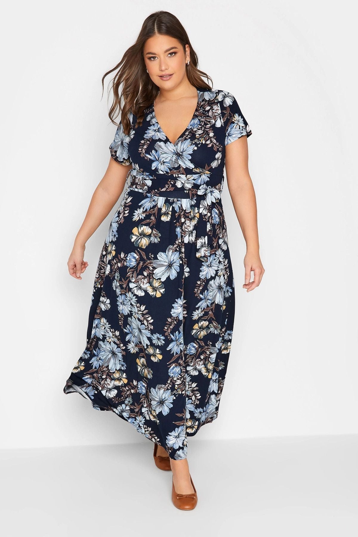 Büyük Beden V Yaka Kısa Kollu Kuşaklı Desenli Uzun Elbise 301784