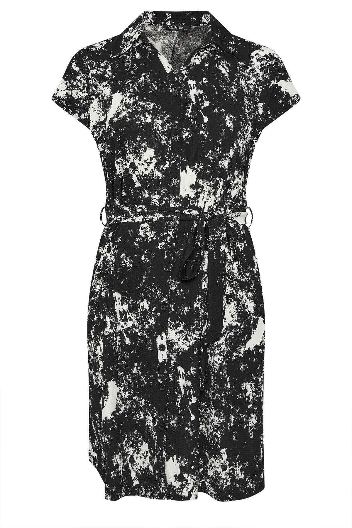 Büyük Beden Soyut Desenli Önü Düğmeli Kuşaklı Midi Boy Elbise 303330