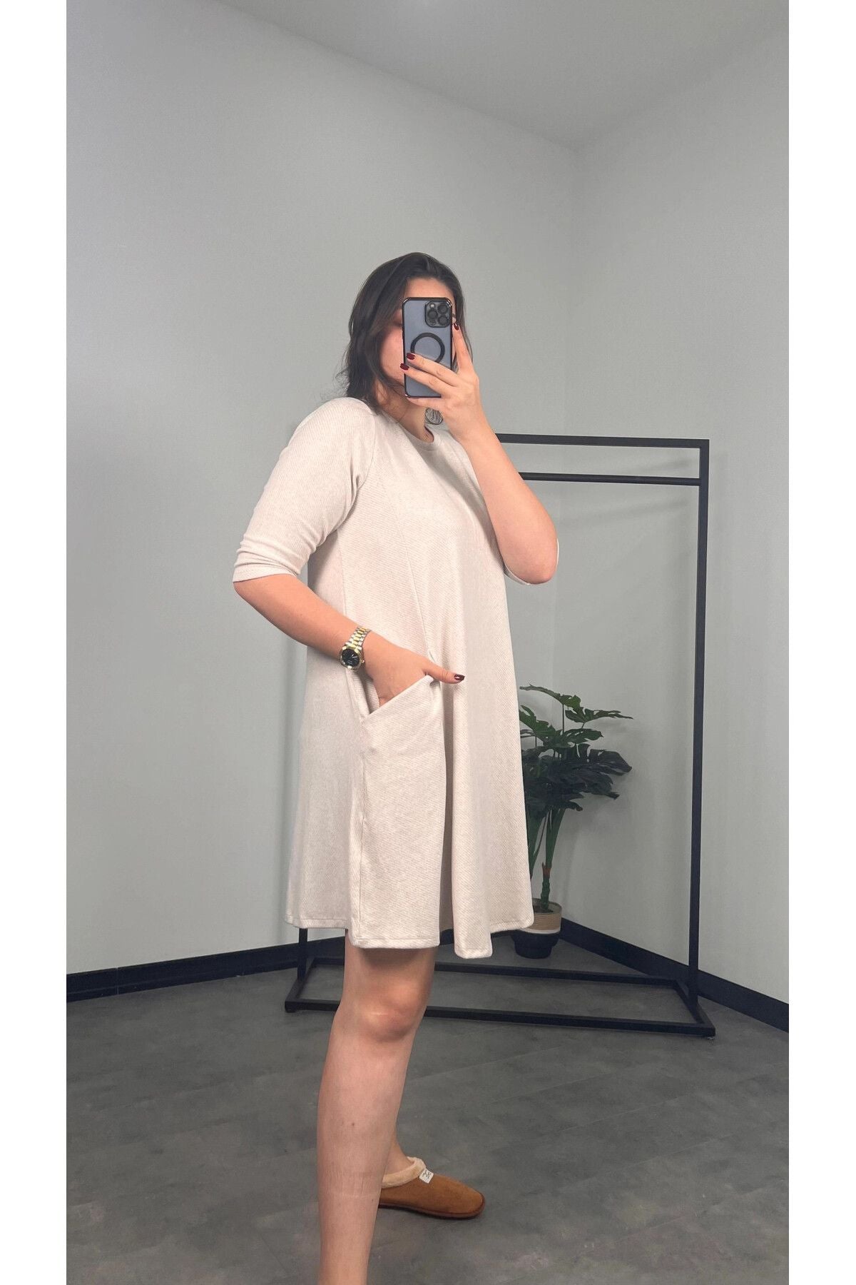 Büyük Beden Fakir Kol Bisiklet Yaka Cepli Elbise 301598