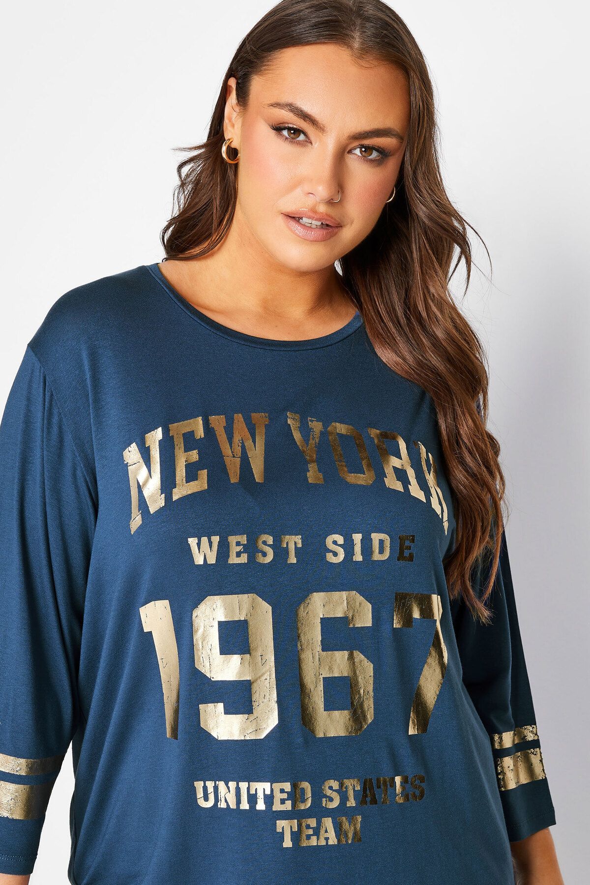 Büyük Beden Fakir Kol Metalik Yazı Baskılı Bisiklet Yaka Bluz 301399