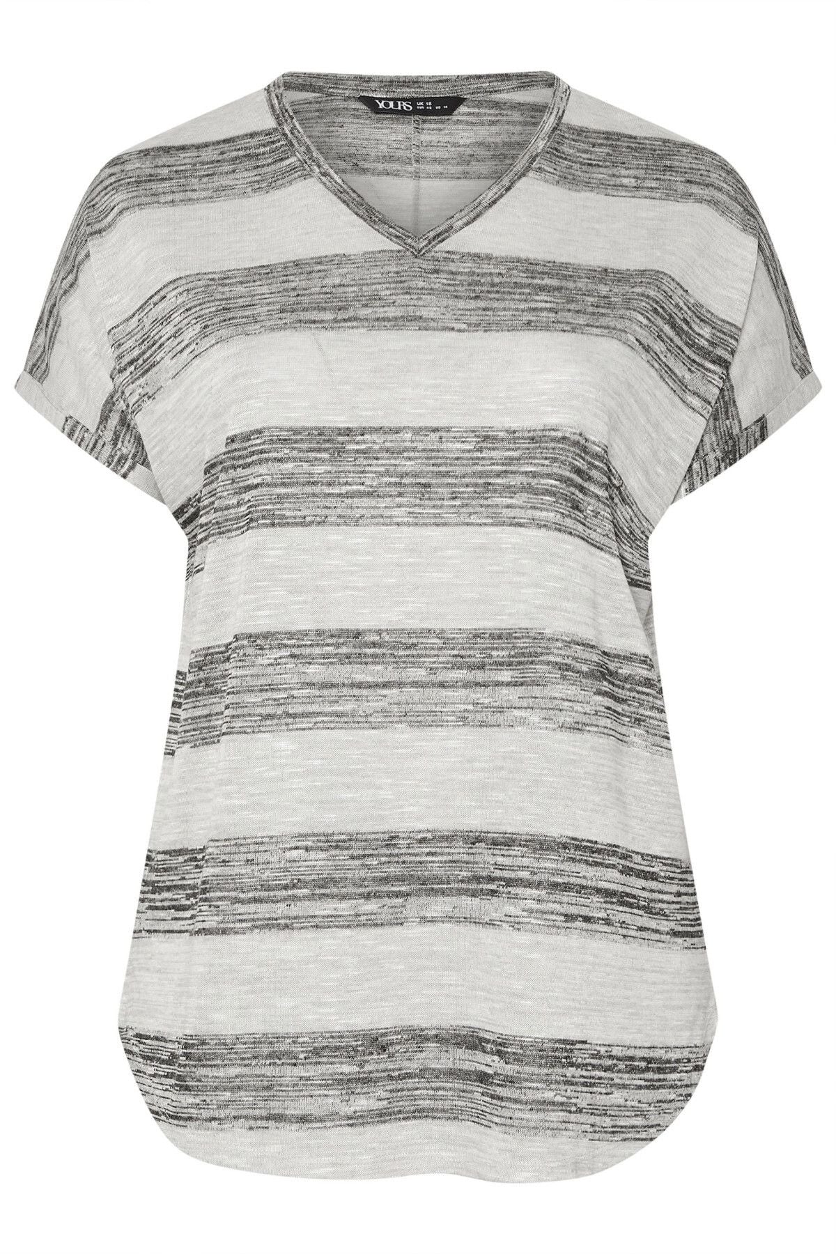 Büyük Beden Kısa Kol V Yaka Eteği Oval Kesim Çizgili Bluz 303993