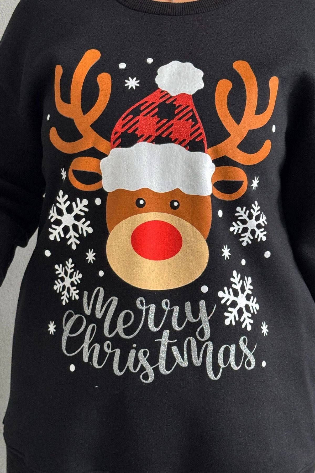 Büyük Beden Yılbaşı Temalı Bisiklet Yaka Uzun Kollu Sweatshirt 303817