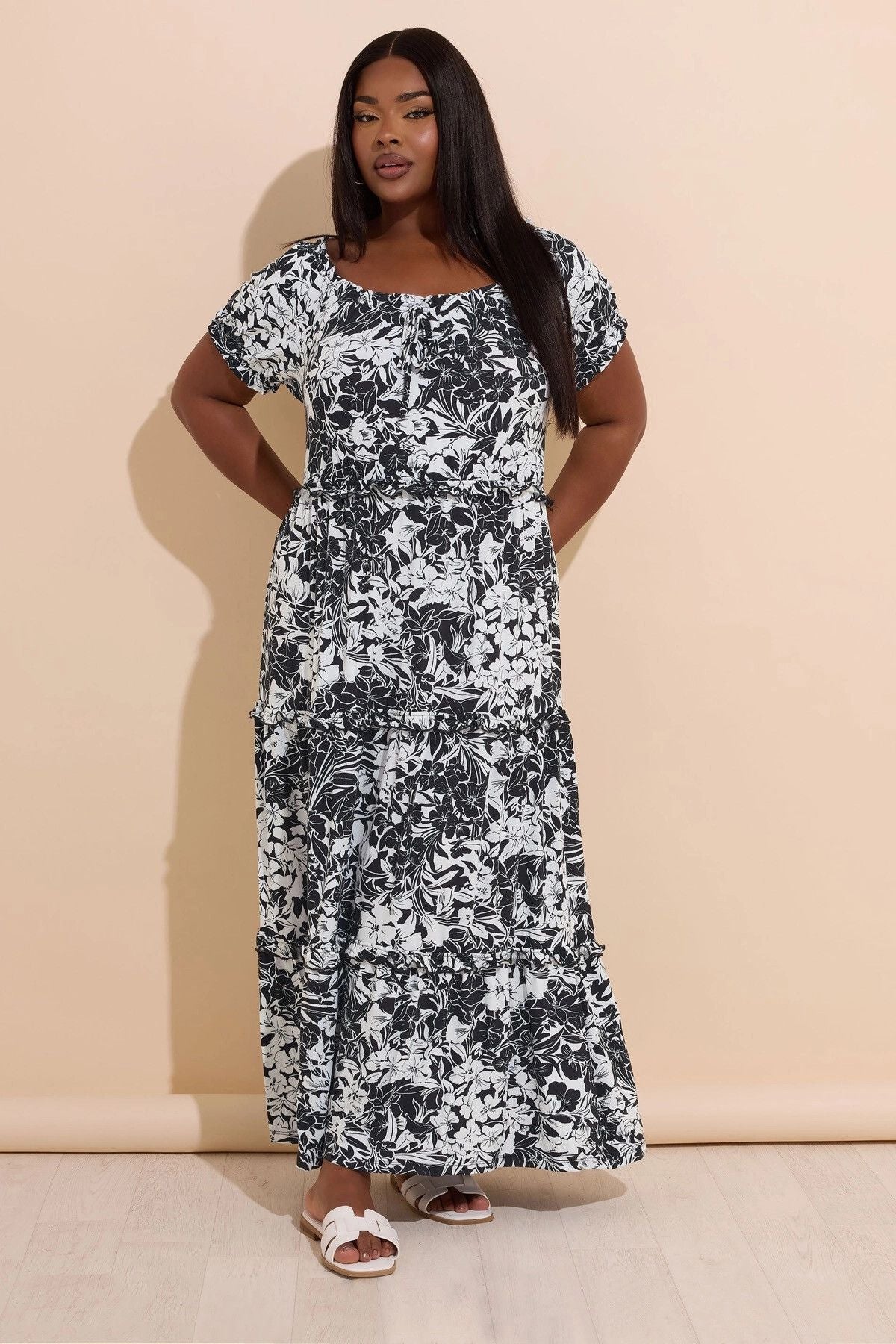 Büyük Beden Yakası Büzgülü Beli Lastikli Uzun Elbise 270238