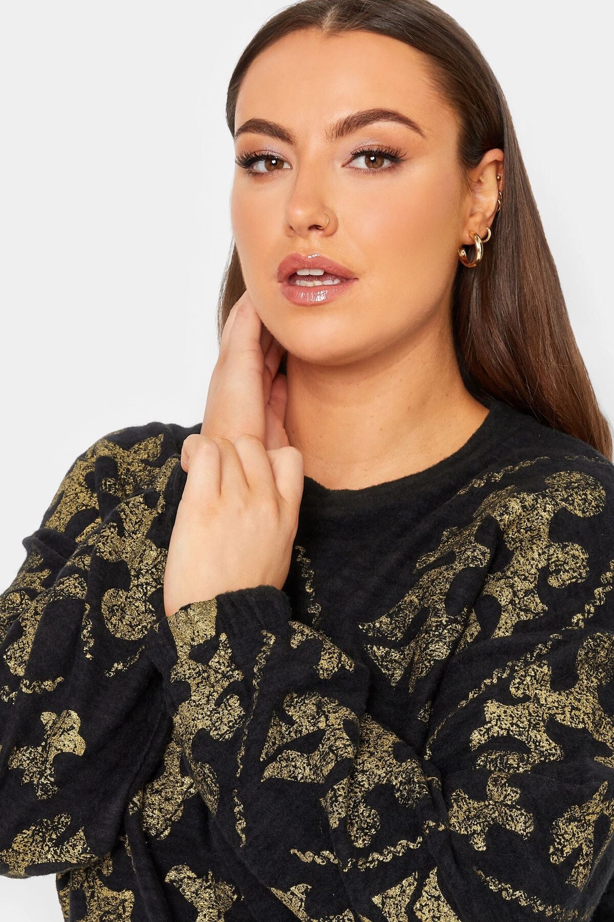 Büyük Beden Önü Baskılı Uzun Kollu Bisiklet Yaka Kazak 301559