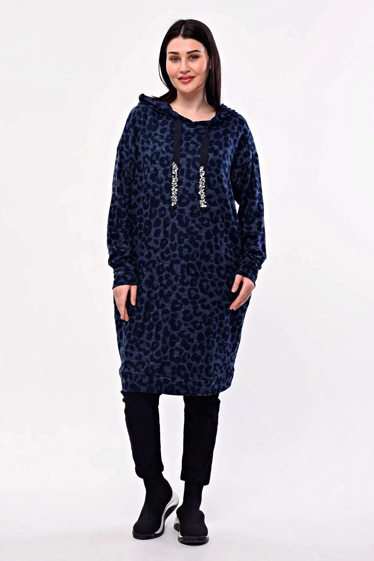 Büyük Beden Leopar Desenli Kapüşonlu Cepli Tunik 301804