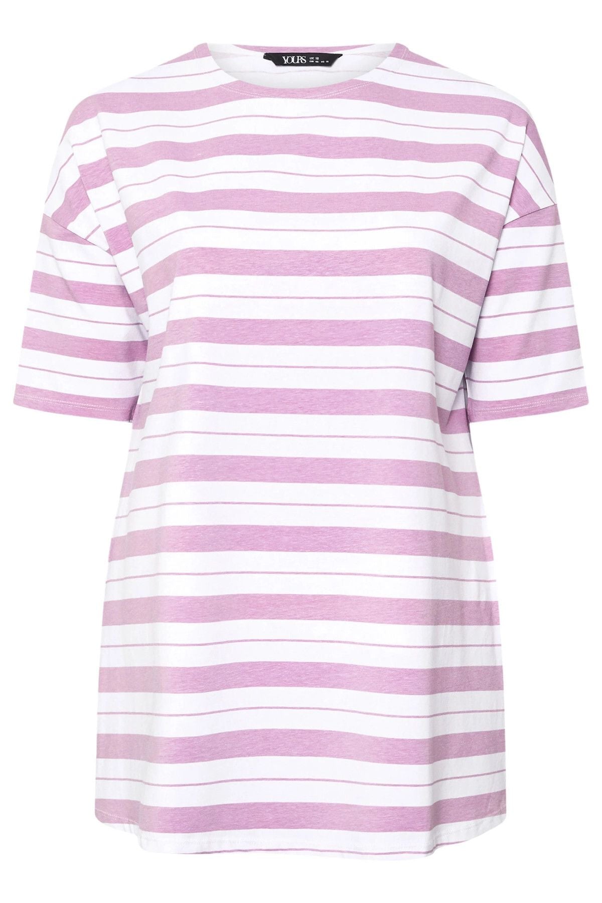 Büyük Beden Bisiklet Yaka Kısa Kollu Yanları Yırtmaçlı Çizgili T-shirt 303944