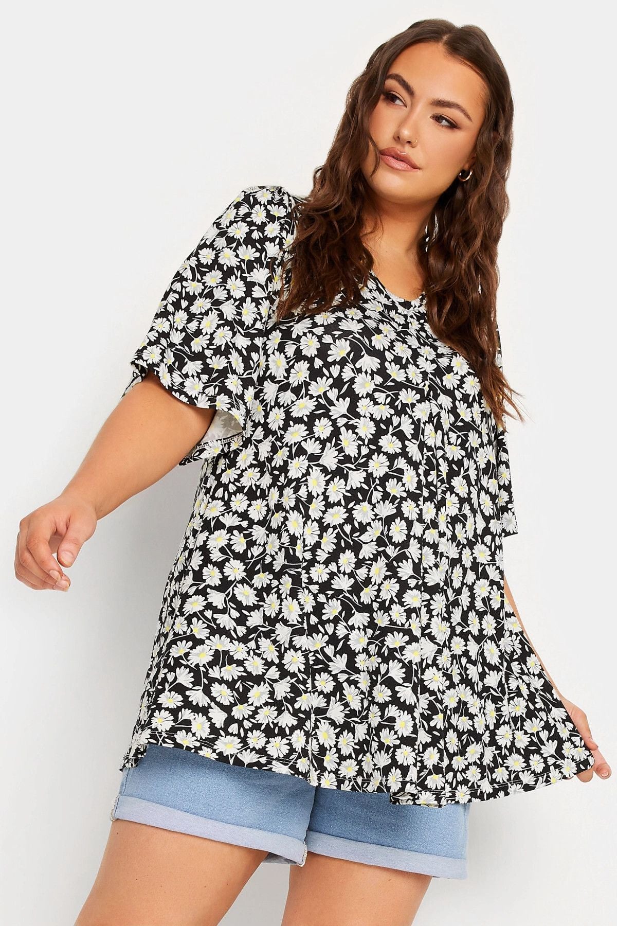 Büyük Beden V Yaka Çiçek Desenli Asimetrik Kesim Likralı Bluz 320978