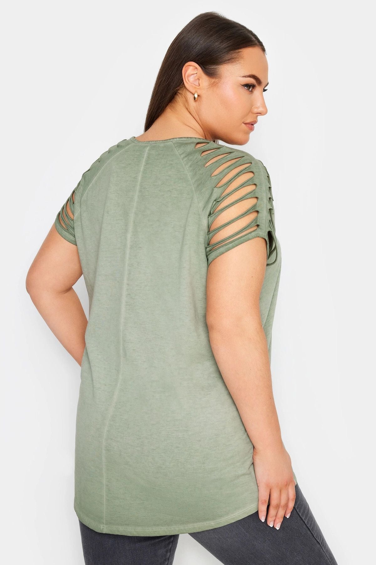 Büyük Beden Bisiklet Yaka Kol ve Omuz Detaylı Baskılı T-shirt 302895