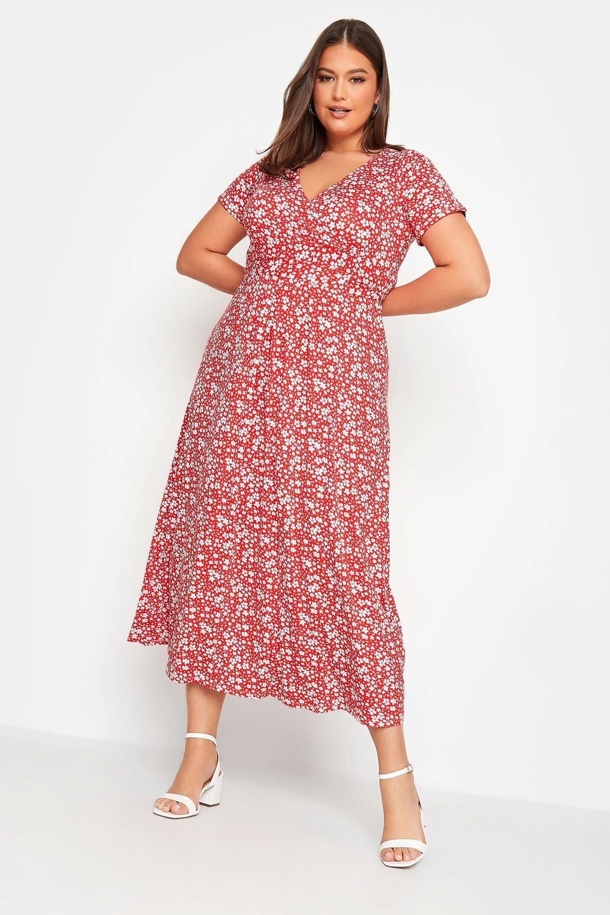 Büyük Beden Desenli V Yaka Midi Boy Yarım Kollu Elbise 302371