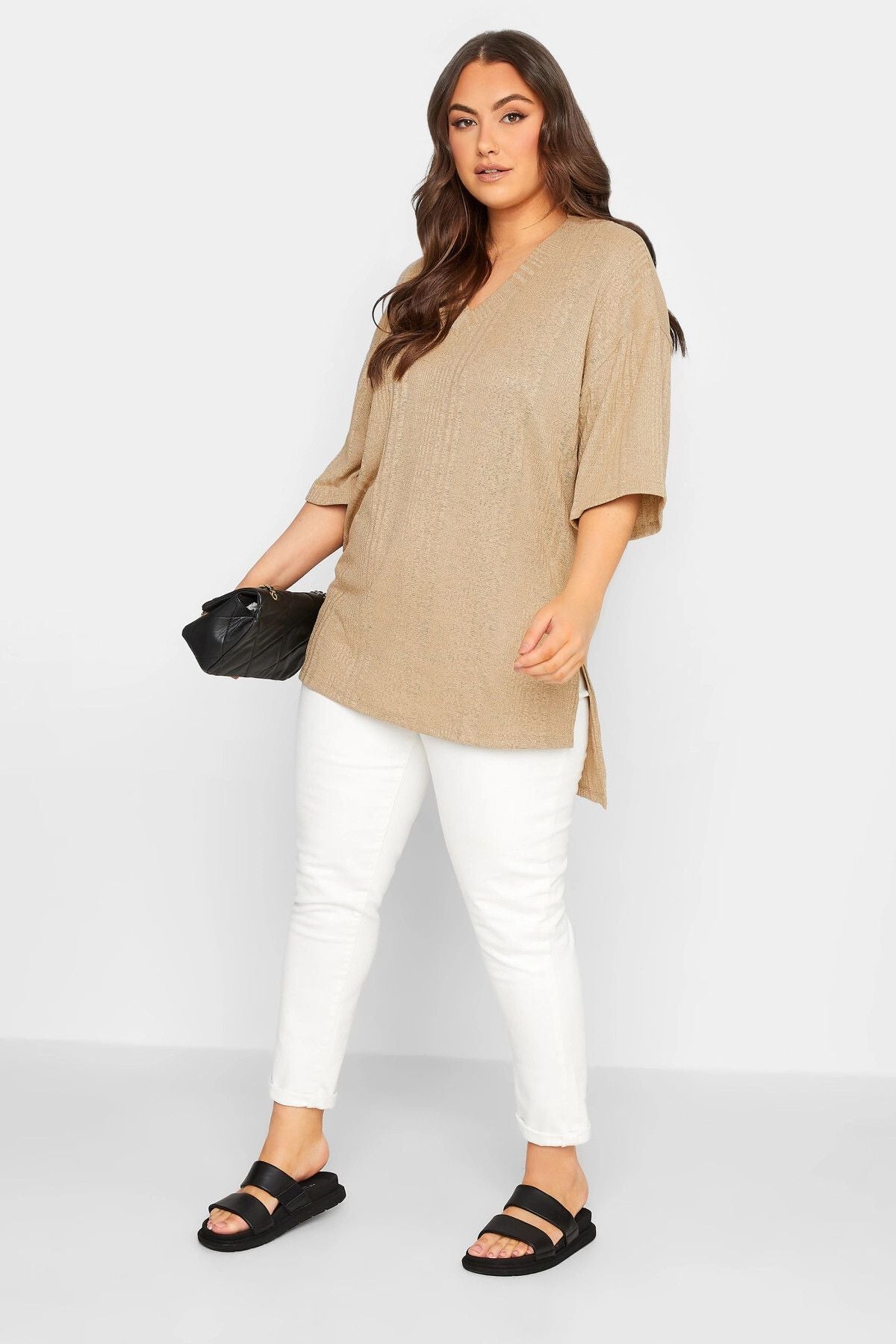 Büyük Beden V Yaka Yarım Kollu Yırtmaç Detaylı Bluz 301226