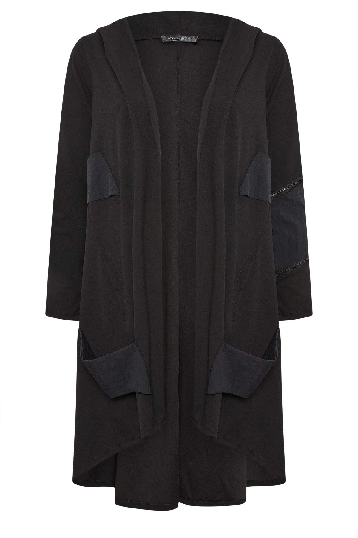 Büyük Beden Kapüşonlu Fermuar Detaylı Cepli Asimetrik Kesim Uzun Hırka 302716