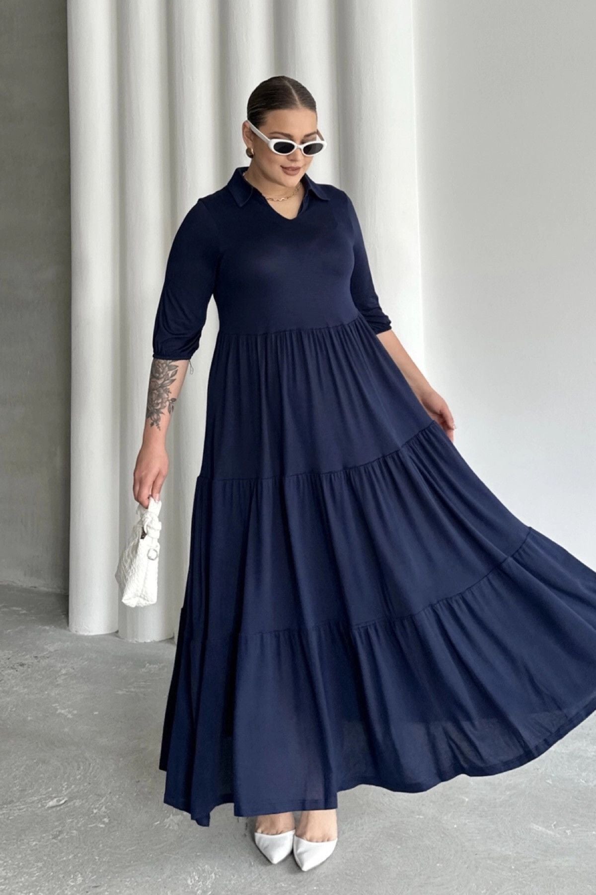 Büyük Beden V Yaka Yarım Kollu Beli Lastikli Uzun Elbise T44