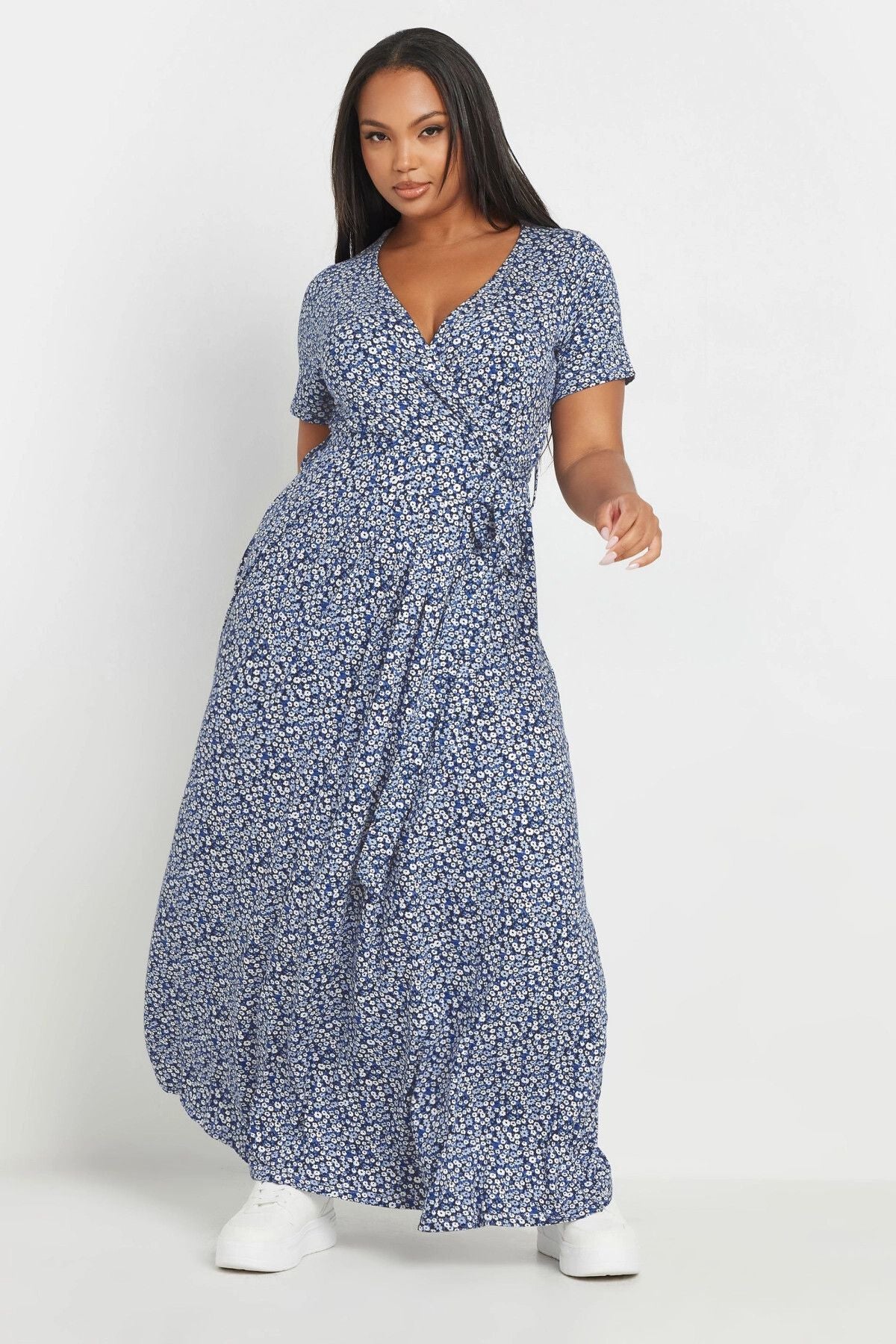 Büyük Beden V Yaka Kısa Kollu Önü Kuşaklı Maxi Elbise 303506