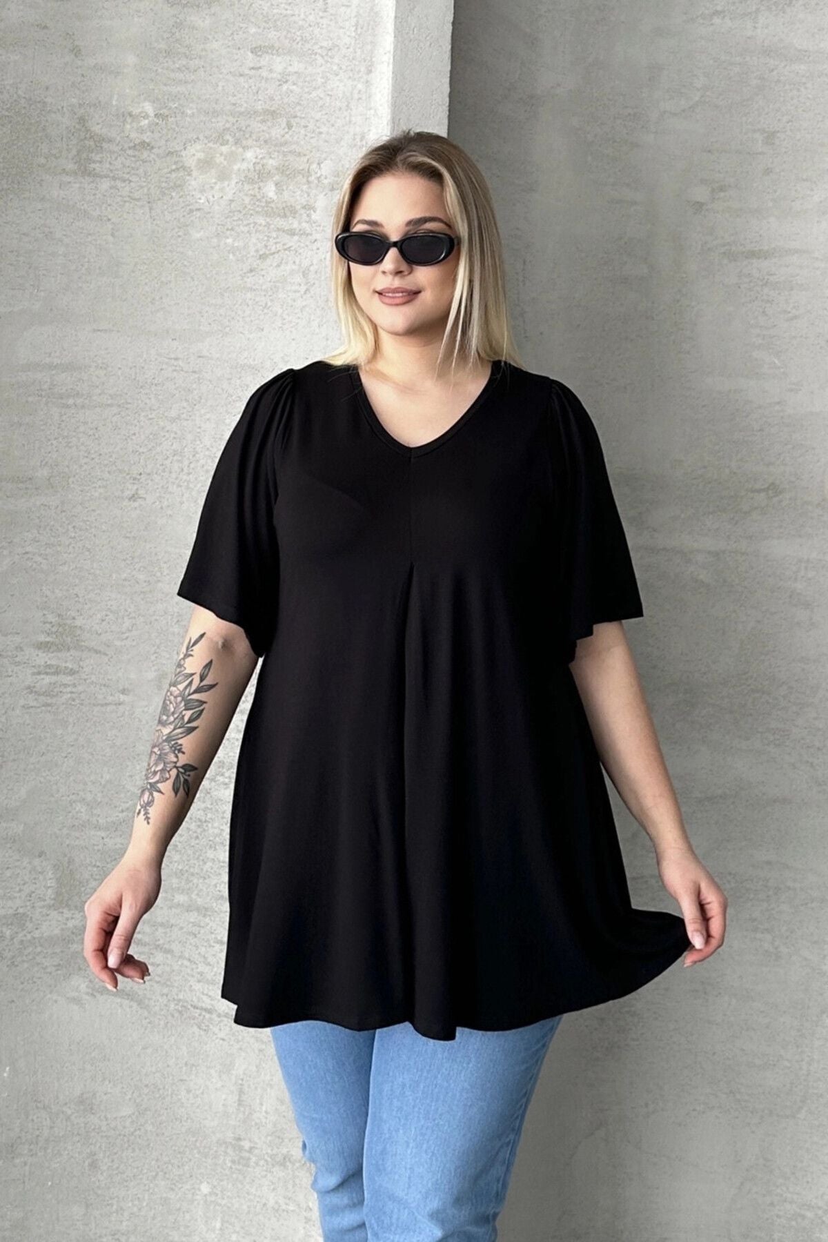 Büyük Beden İkili Paket V Yaka Desensiz Asimetrik Kesim Likralı Bluz 320315x2