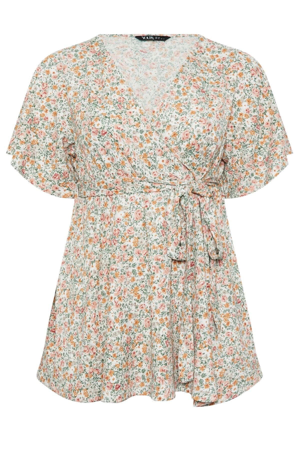 Büyük Beden Kısa Kollu V Yaka Önü Kuşaklı Desenli Eteği Bollaşan Bluz 321935