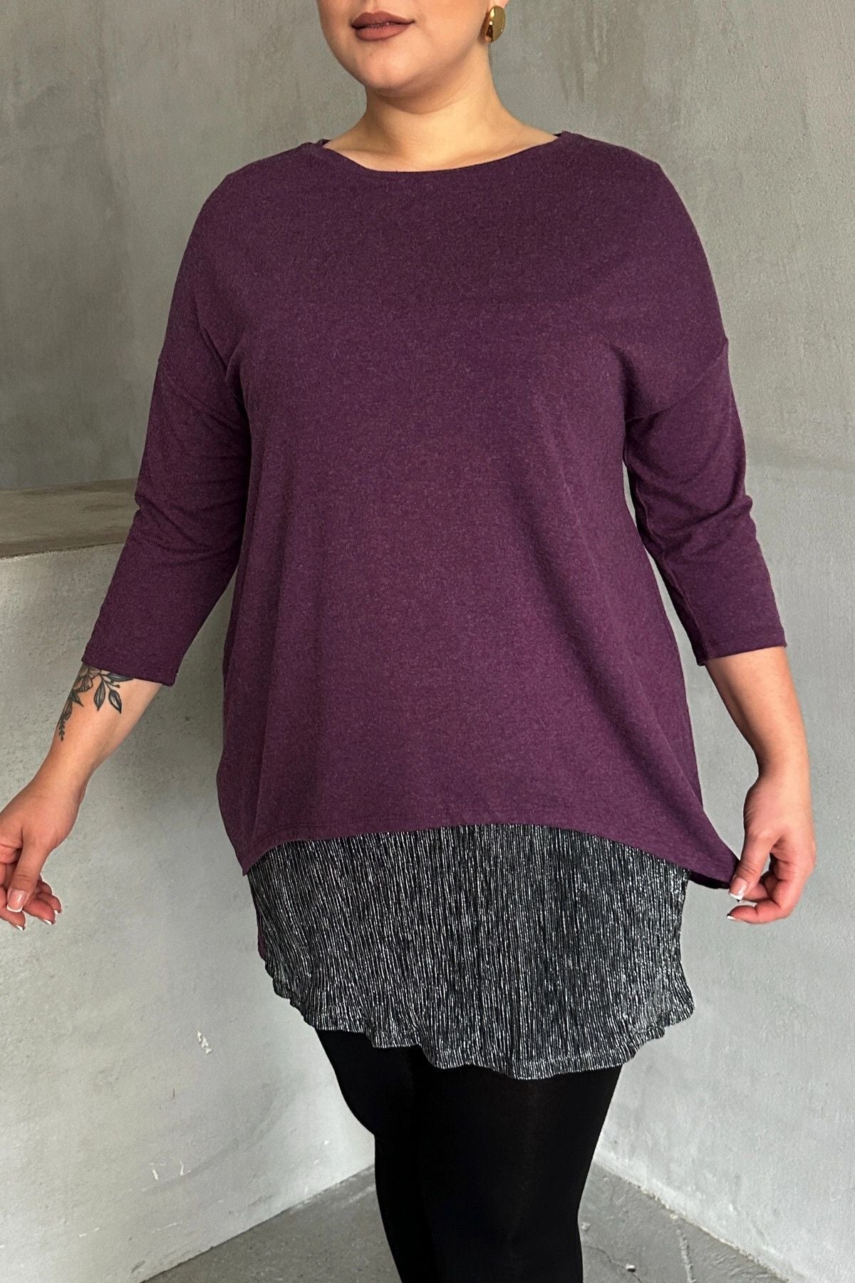 Büyük Beden Eteği Tül Detaylı Uzun Kollu İnce Bluz 84-106