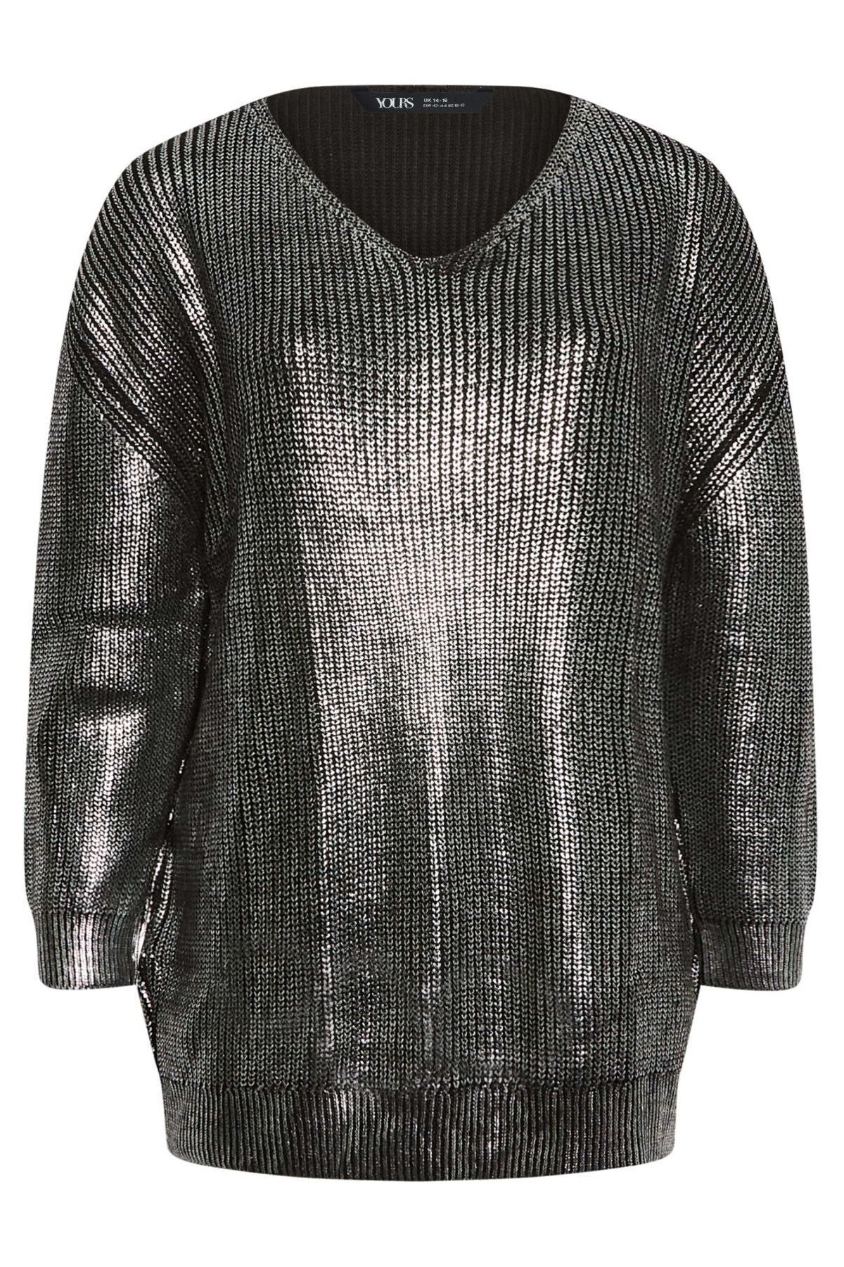 Büyük Beden V Yaka Folyo Baskılı Uzun Kollu Kazak 302321