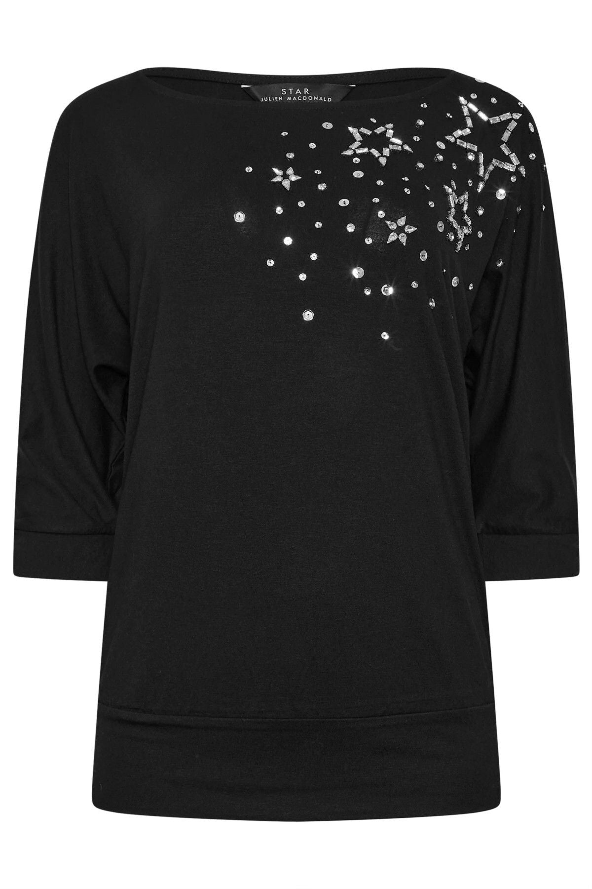 Geniş Bisiklet Yaka Yarım Kollu Yıldız Taş İşlemeli Beli Lastikli Bluz 110695