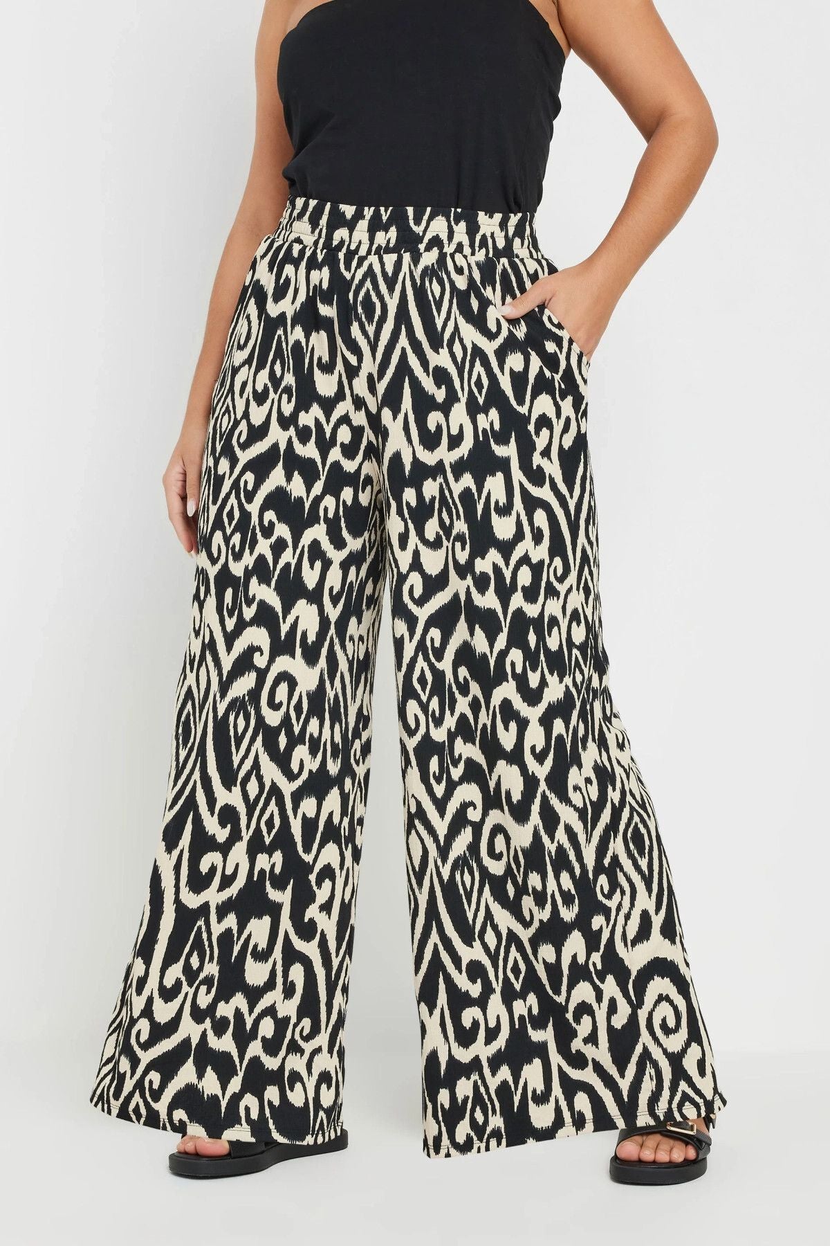 Büyük Beden Beli Lastikli Cepli Bol Paça Bilek Boy Pantolon 303653