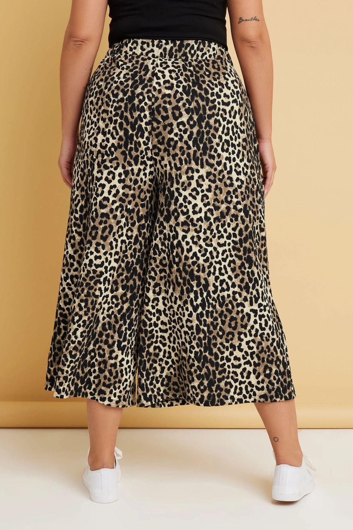 Büyük Beden Beli Lastikli Cepli Leopar Desenli Midi Bol Paça Pantolon 145267