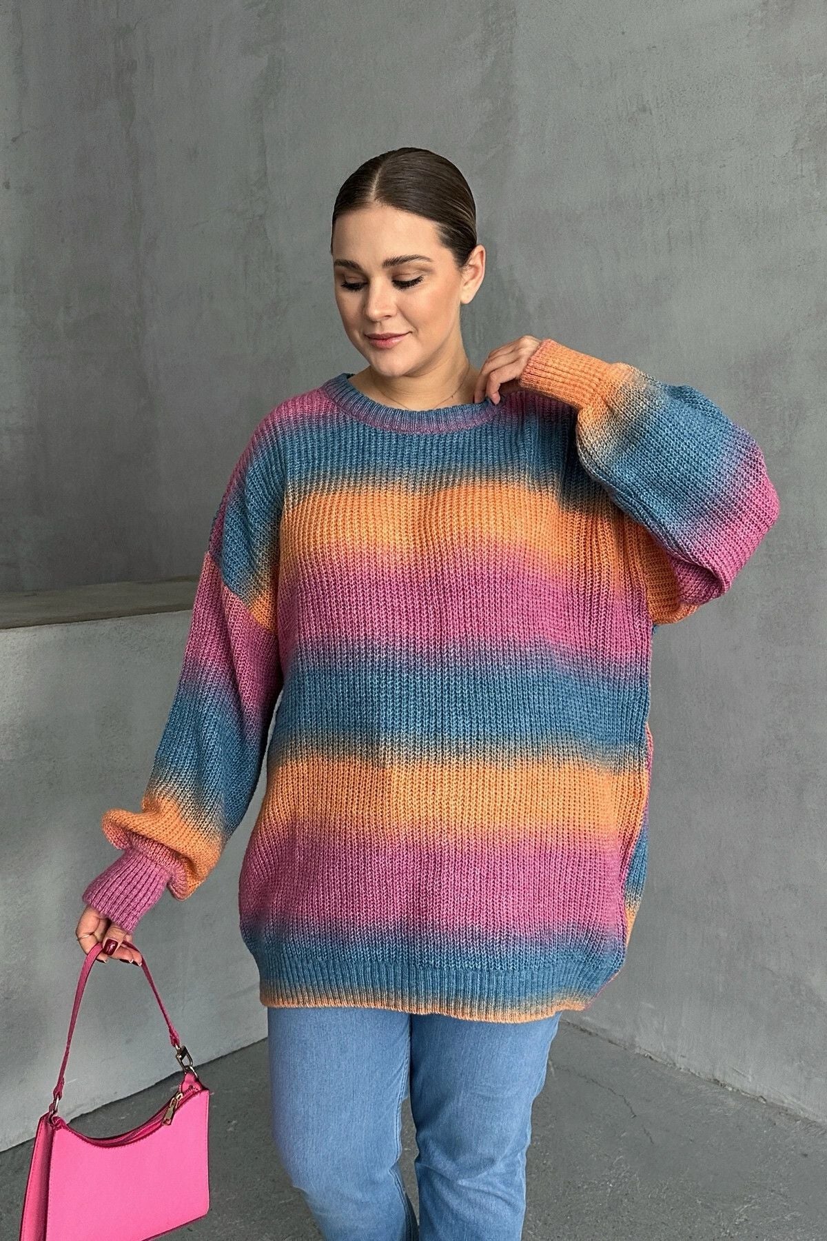 Büyük Beden Uzun Kollu Bisiklet Yaka Renk Bloklu Triko Kazak DG-09