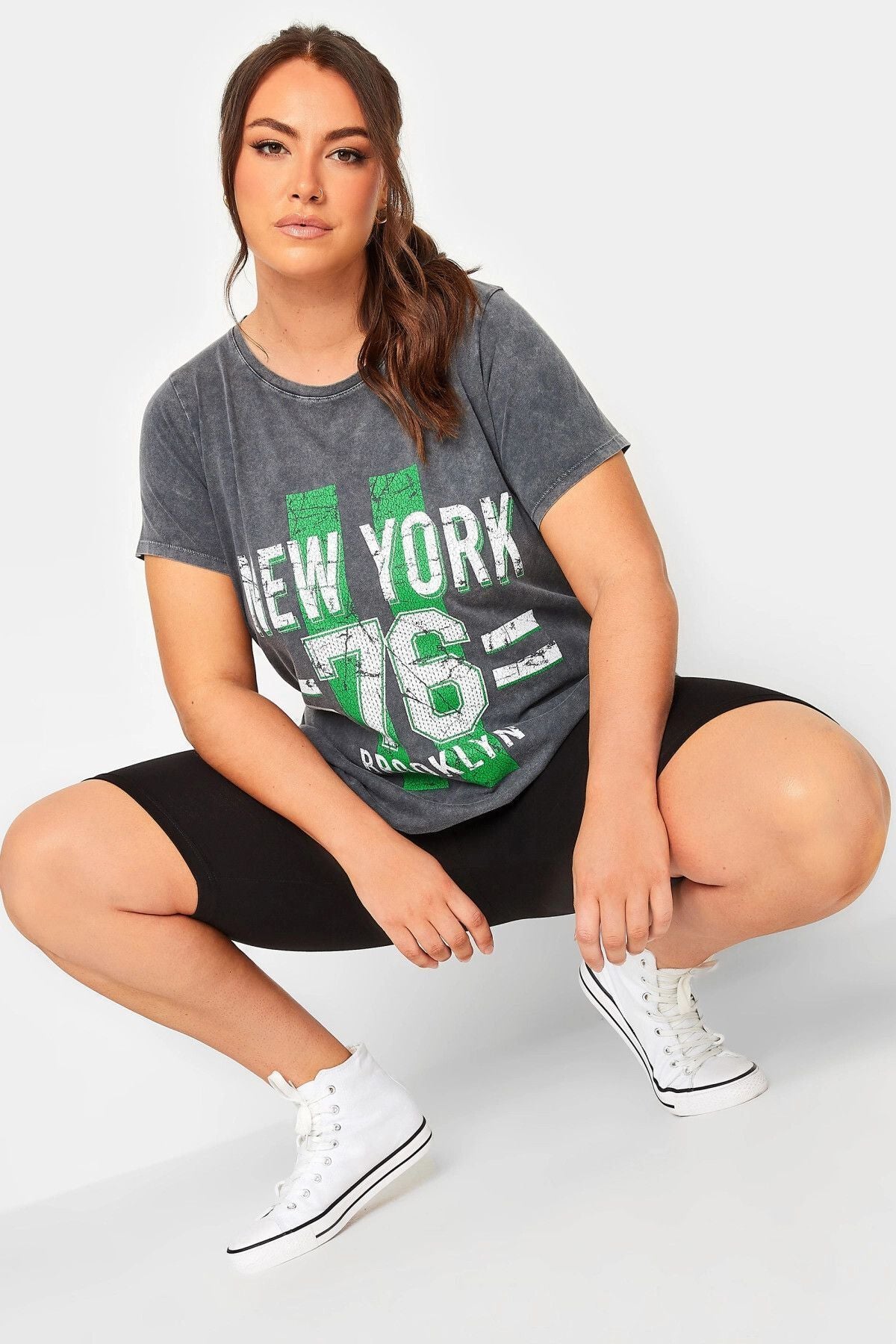 Büyük Beden Yazı Baskılı Yıkamalı Yarım Kollu Bisiklet Yaka T-shirt 302196