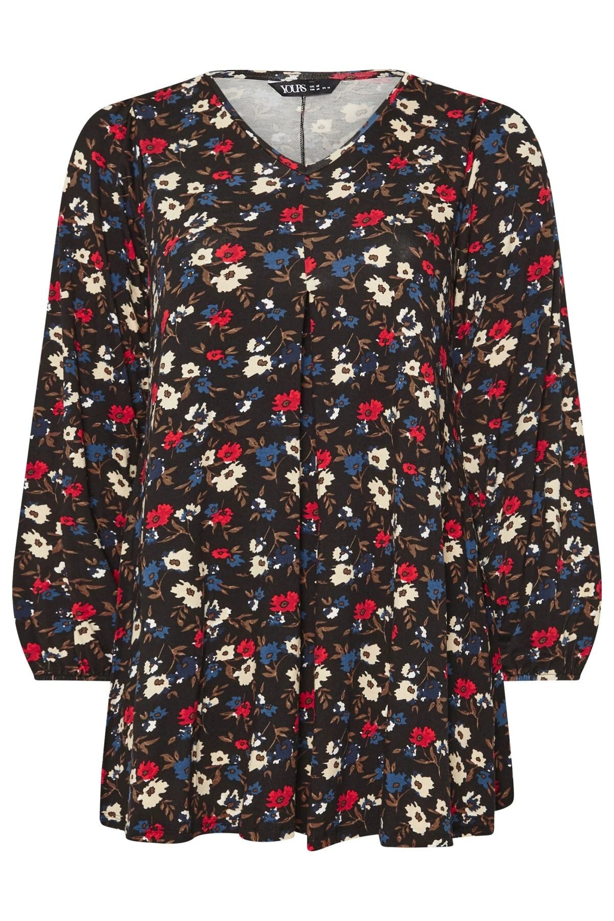 Büyük Beden Uzun Kollu V Yaka Önü Pileli Çiçek Desenli Bluz 303720