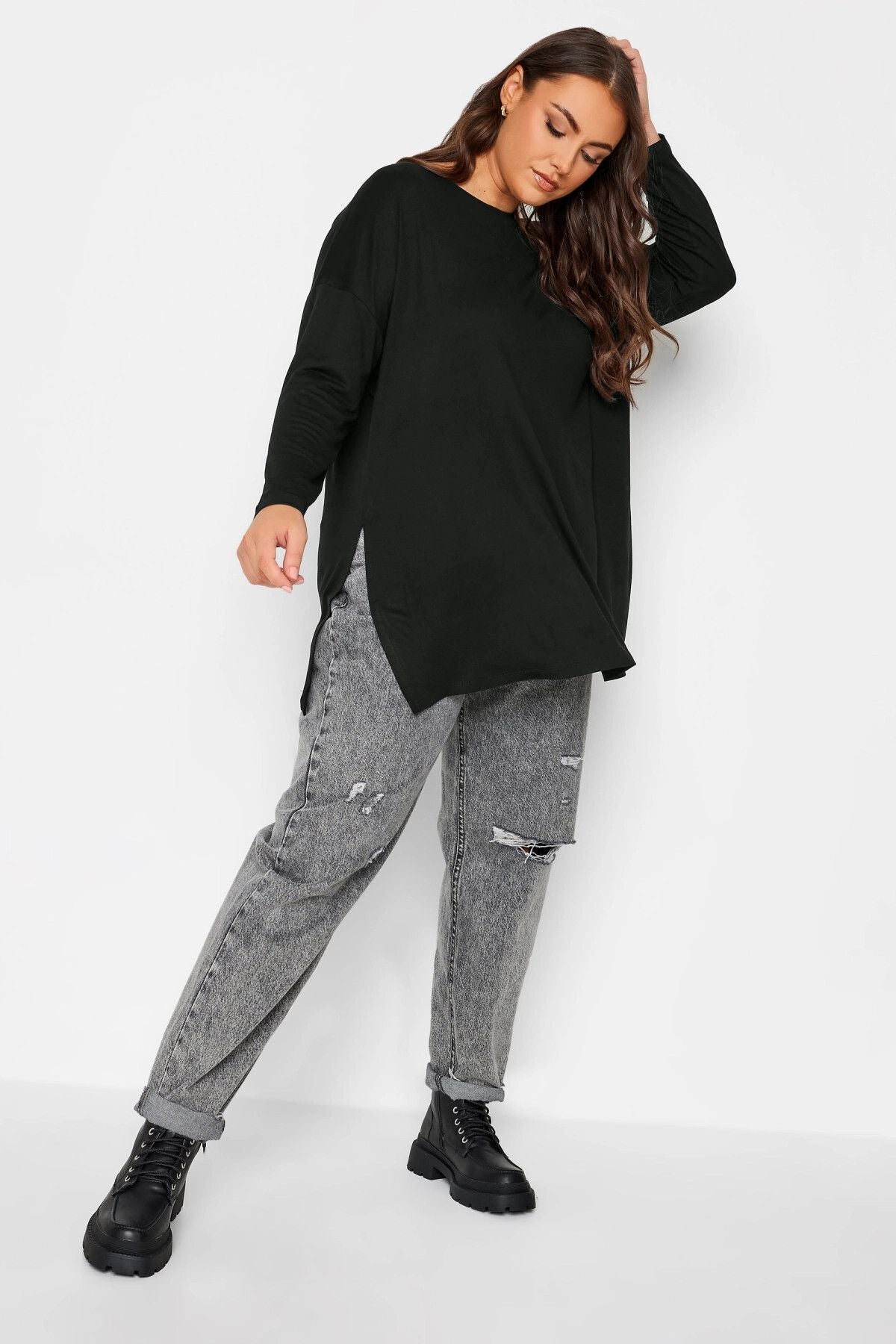 Büyük Beden Bisiklet Yaka Yırtmaç Detaylı Uzun Kollu Oversize Bluz 321292