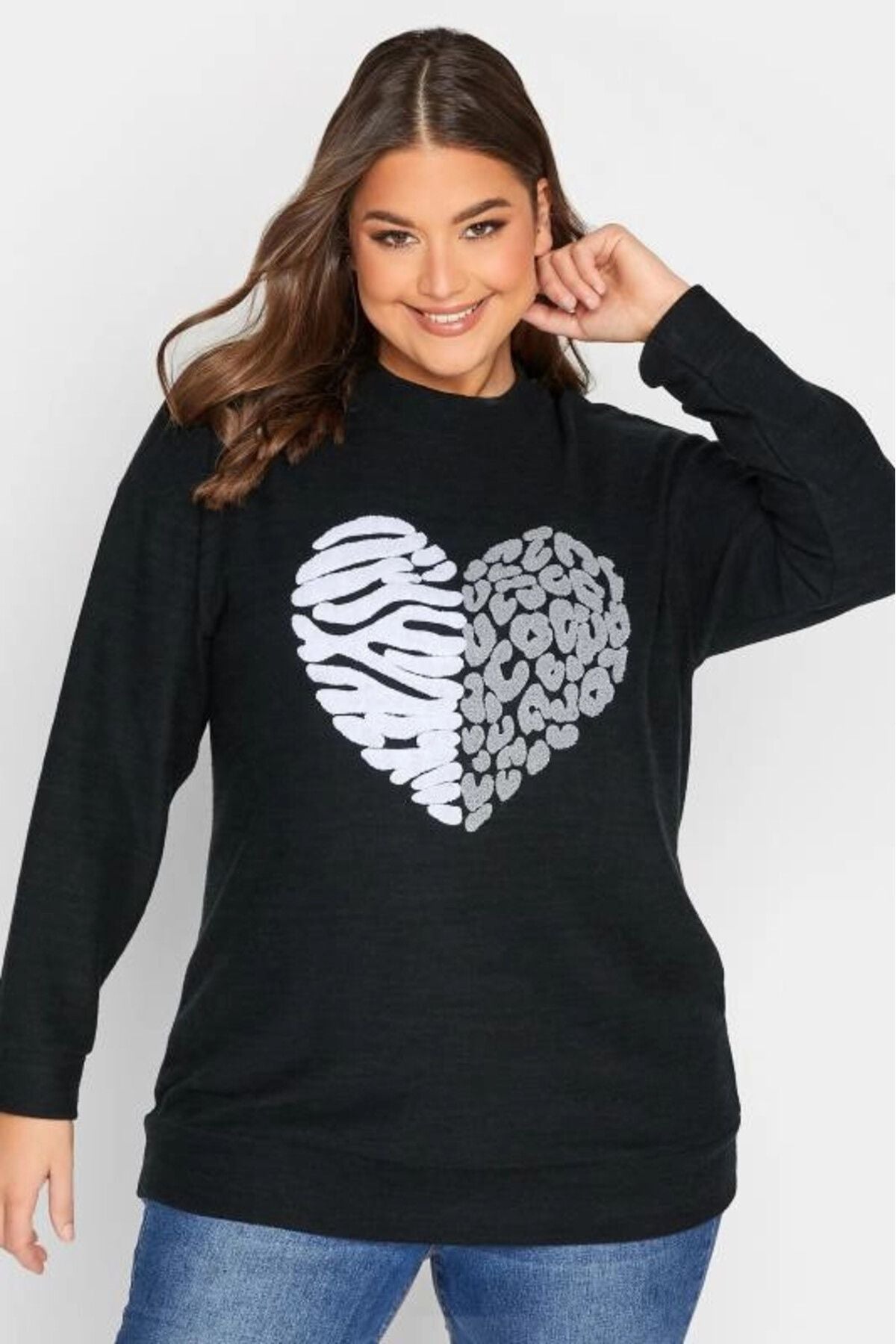 Büyük Beden Kalp Desenli Uzun Kollu Yuvarlak Yaka Polar Kazak 301787