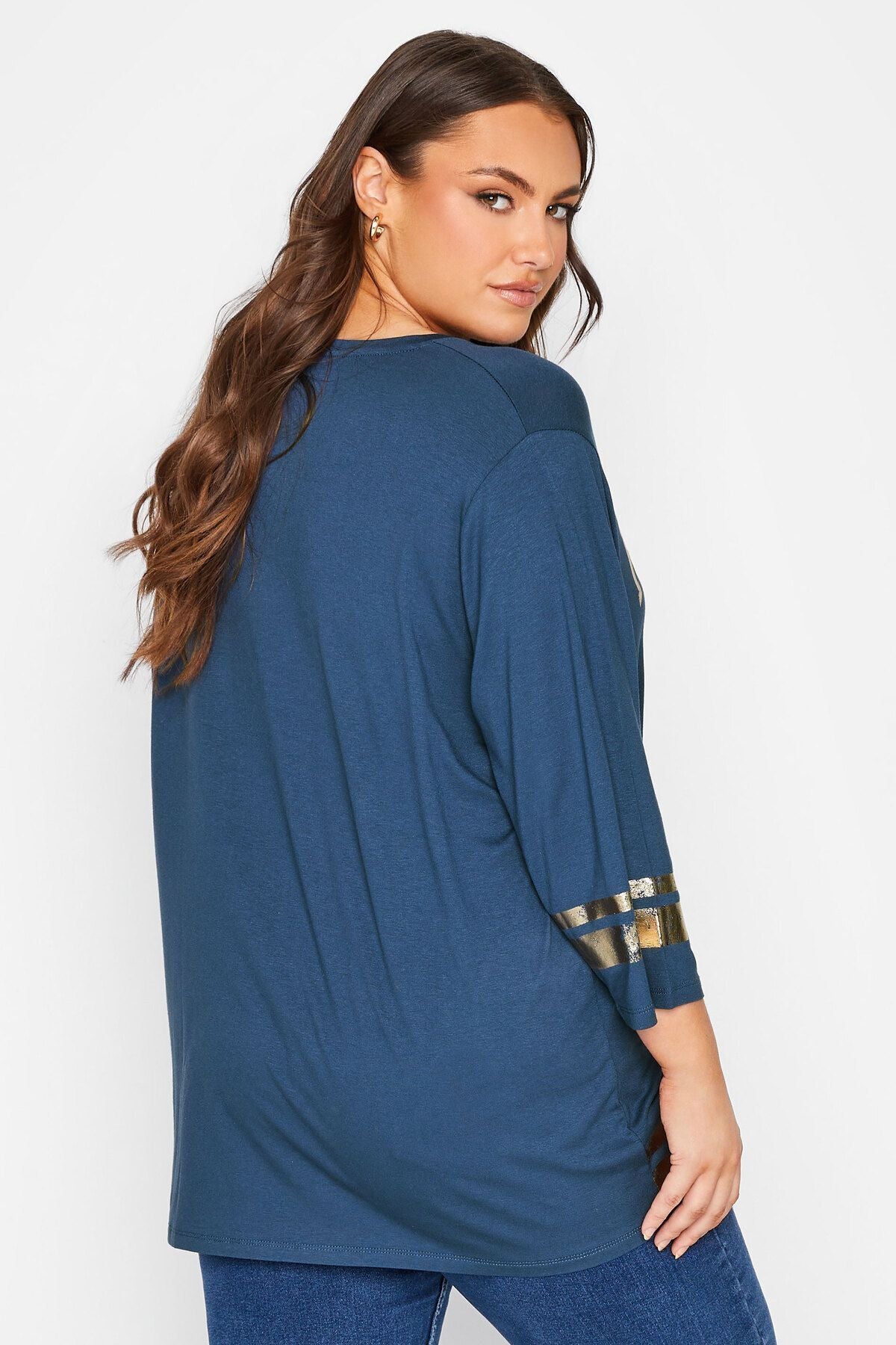 Büyük Beden Fakir Kol Metalik Yazı Baskılı Bisiklet Yaka Bluz 301399