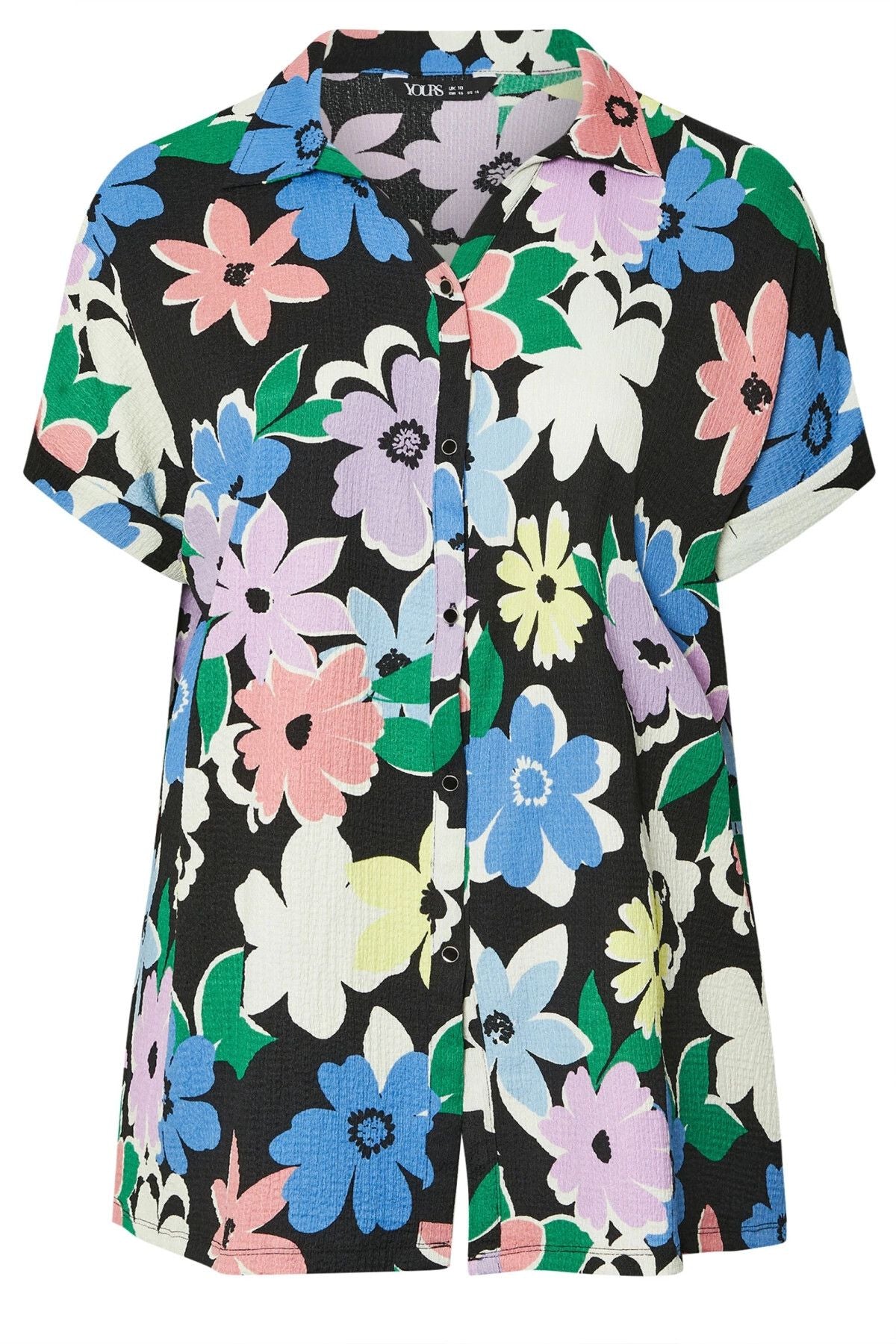 Büyük Beden Önü Düğmeli Kısa Kollu Çiçek Desenli Gömlek 303964