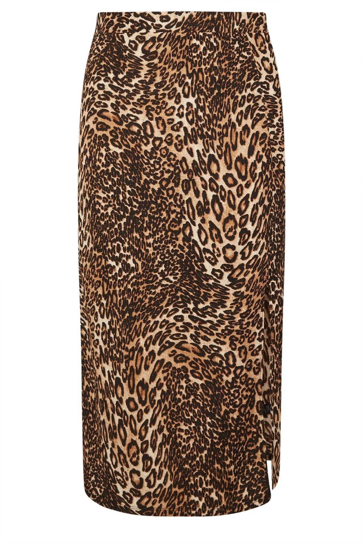 Büyük Beden Beli Lastikli Yırtmaçlı Leopar Desenli Midi Boy Etek 303706