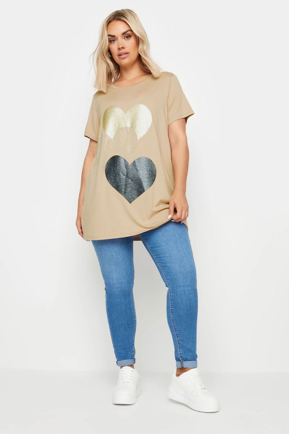 Büyük Beden Bisiklet Yaka Kısa Kollu Parıltılı Baskılı T-shirt 302277