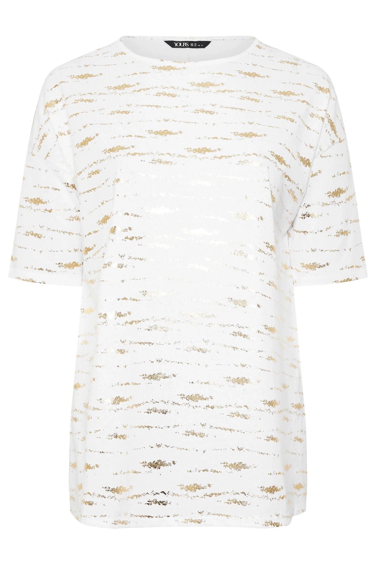 Büyük Beden Kısa Kollu Bisiklet Yaka Yanları Yırtmaçlı Metalik Baskılı T-shirt 303955