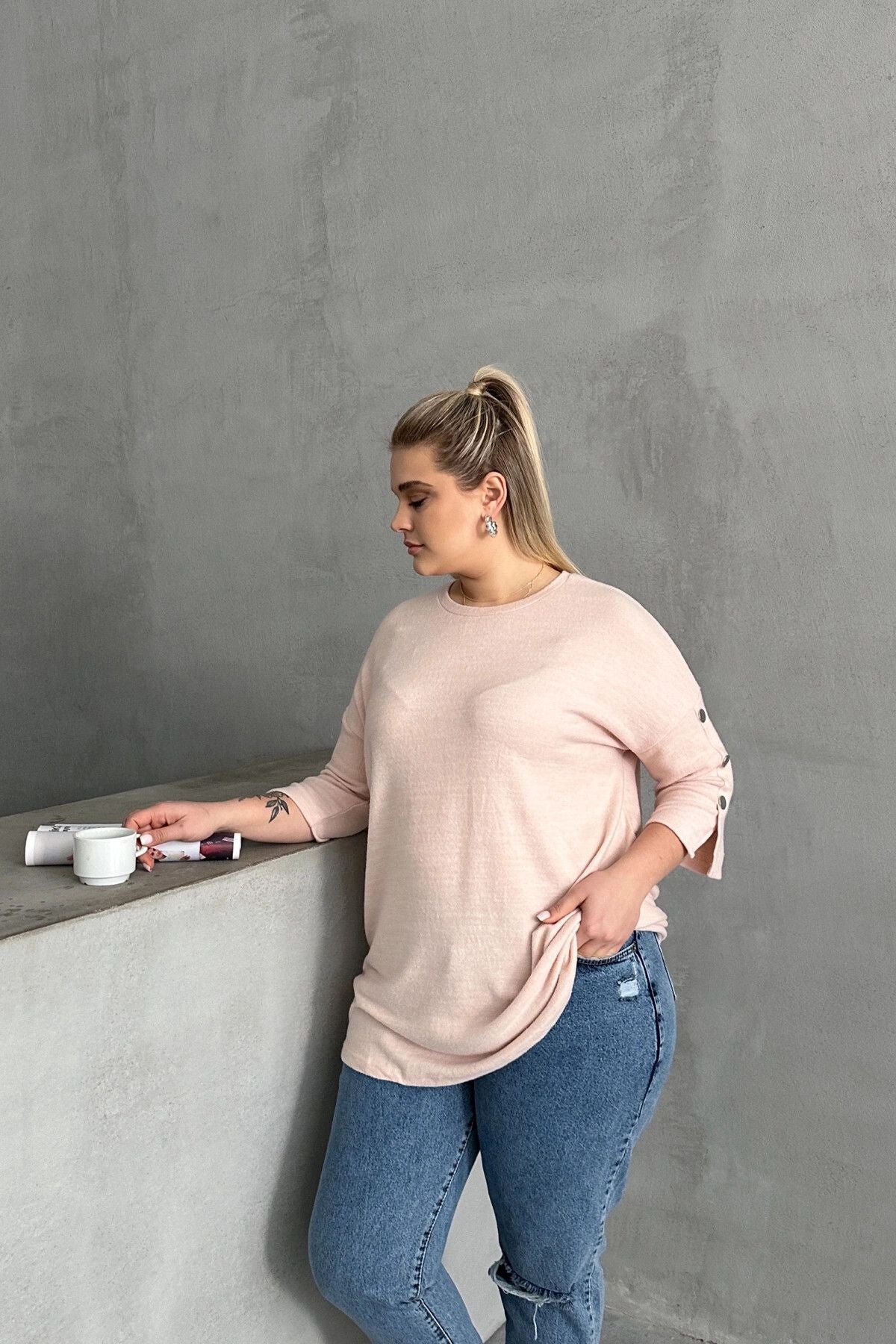 Büyük Beden Yarım Kollu Bisiklet Yaka Düğme Detaylı Kazak 303072