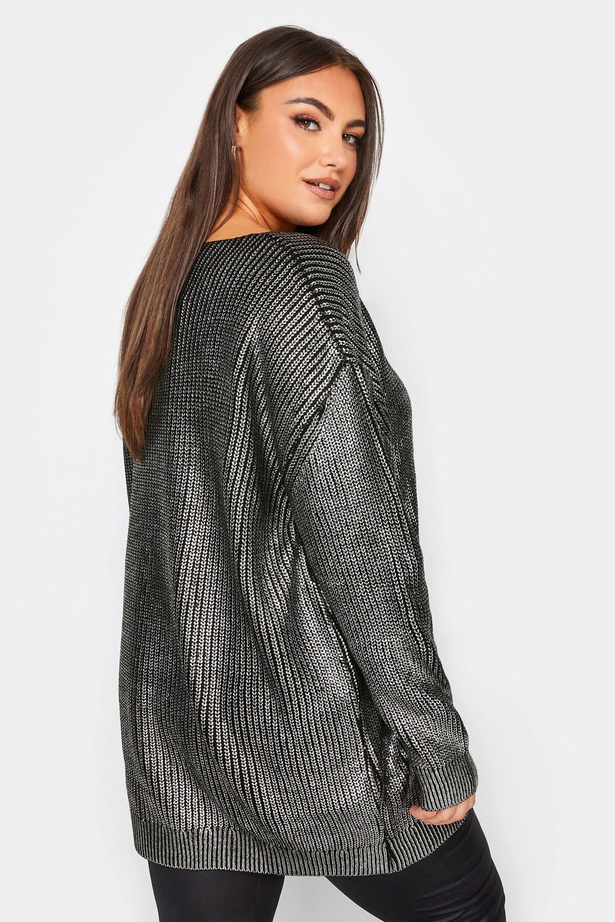 Büyük Beden V Yaka Folyo Baskılı Uzun Kollu Kazak 302321