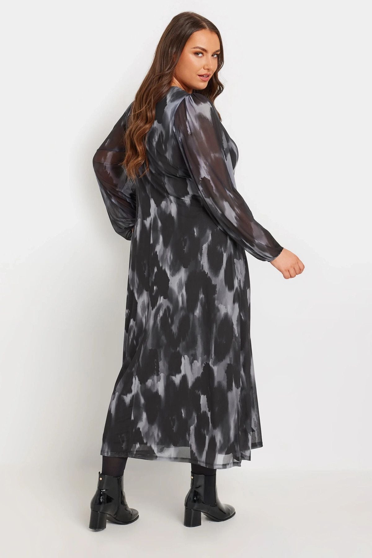 Büyük Beden V Yaka Uzun Tül Kollu Uzun Kesim Elbise 270031