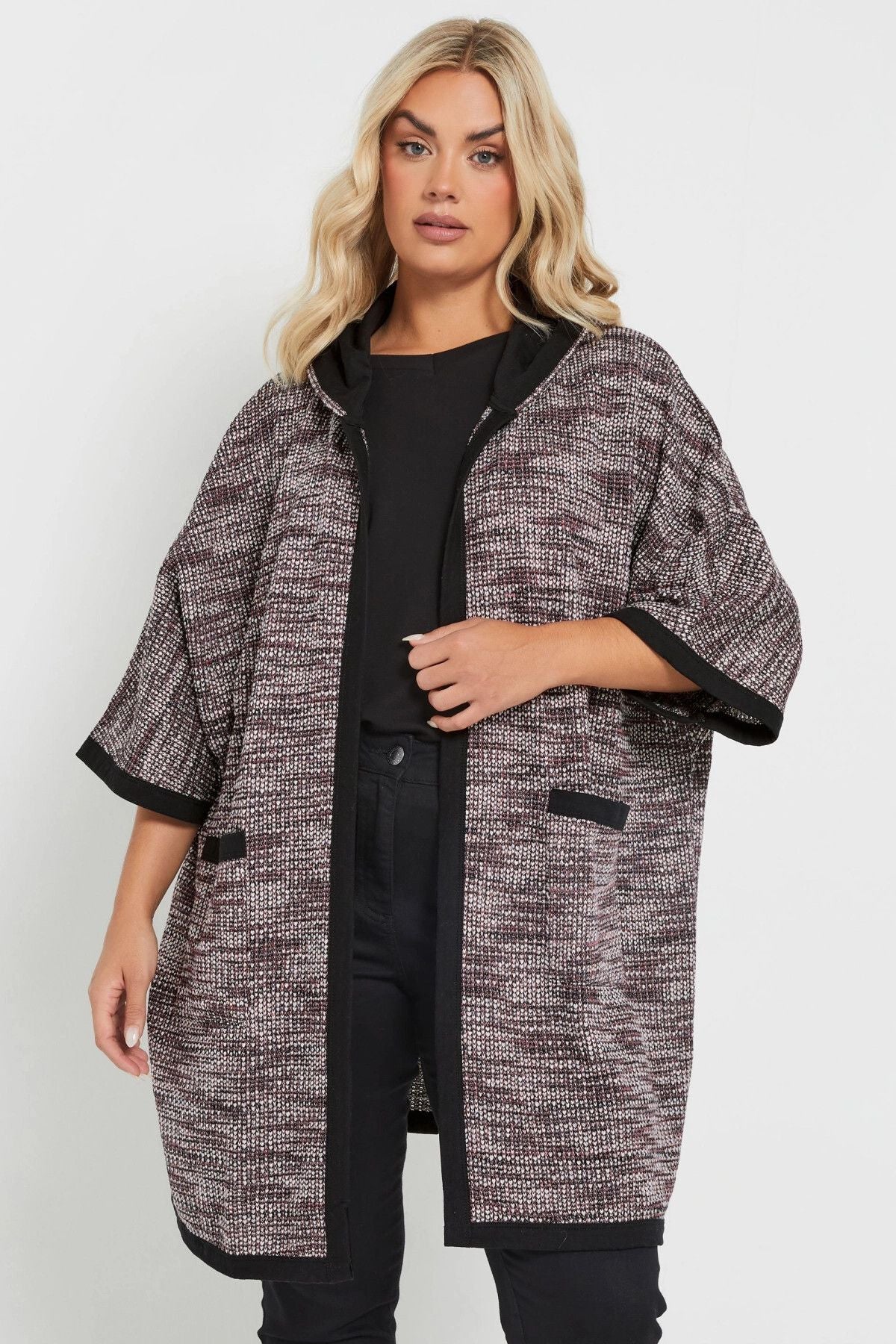 Büyük Beden Yumuşak Dokulu Yarım Kollu Cepli Kapüşonlu Hırka 301796